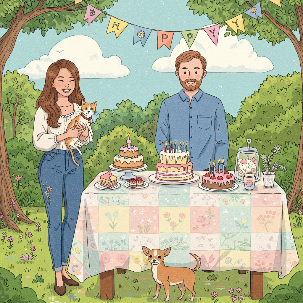 Thai lady in jeans, English man in blue shirt and short ginger beard, Lady has White skinny cat with ginger spots with red collar and bell, and Lady has Small ginger chihuahua  dog Birthday Card
