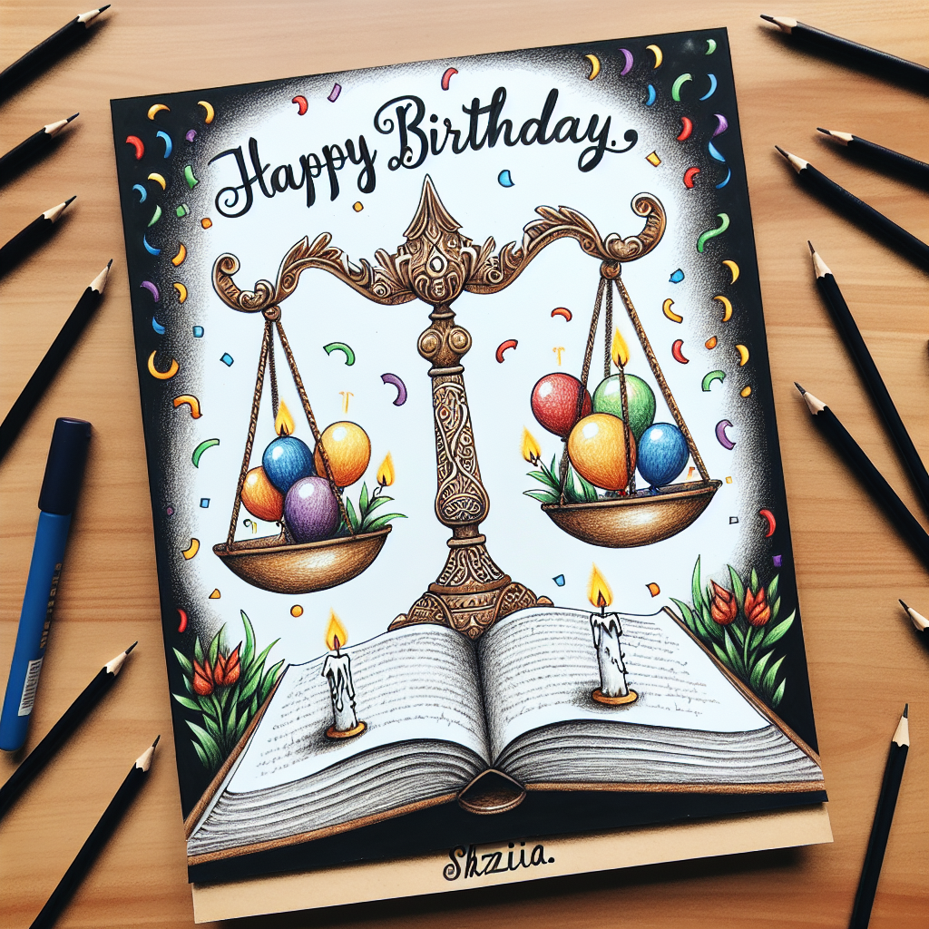 A charming birthday illustration depicts a scale of justice, with an open book at its base, symbolizing Law, and a glowing candle on each side representing enlightenment and Religion. The scales are tipped with festive elements like balloons and confetti. Above, in elegant, playful script, reads 'Happy Birthday Shazia.'
Generated with these themes: Law, and Religion .
Made with ❤️ by AI.