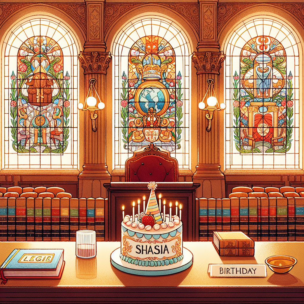The scene showcases a cozy courtroom with stained glass windows depicting various religious symbols, radiating a warm, celebratory light. A small, cute birthday cake sits on the judge's bench, with 'Shazia' piped on the icing, and legal books are scattered around, adorned with party hats.
Generated with these themes: Law, and Religion .
Made with ❤️ by AI.