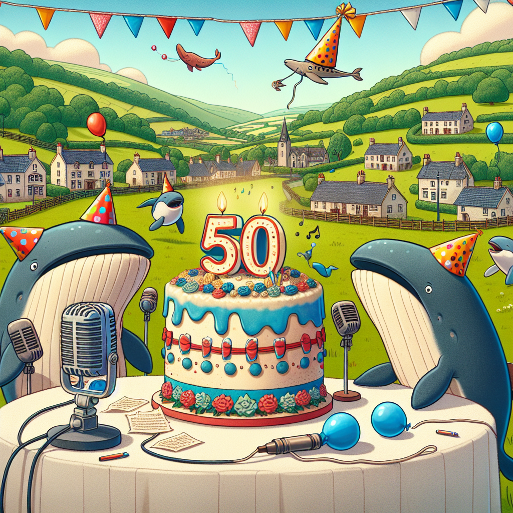 Create a delightful cartoon scene of a birthday celebration happening in the lush, rolling hills of Wales, hosting a charming village as backdrop. Humorously characterize anthropomorphic whales wearing colorful party hats, singing birthday melodies into vintage-style microphones, living it up as they record a podcast episode commemorating the 50th birthday. The scene is amplified with fluttering banners and bouquets of balloons honoring the milestone. At the heart of the festivities, display a hilarious, extravagantly decorated cake bearing the number '50', standing tall and proud.
Generated with these themes: Wales, Pod casting, and 50th.
Made with ❤️ by AI.