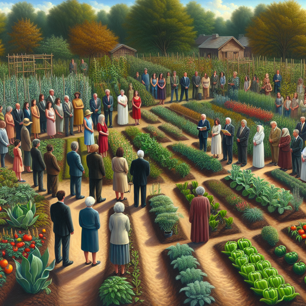 Depict a solemn and intimate anniversary event held in a flourishing garden filled with vegetables and herbs. Picture a small gathering of diverse gender and descent family members and friends standing among the garden beds, representing varying years of a nurturing relationship. Include brief yet heartfelt speeches, comparable to the significant blossoming of a well-cared-for perennial plant, symbolizing deep roots and realistic expectations of an enduring bond. The scene should be painted with realism.
Generated with these themes: Gardening.
Made with ❤️ by AI.