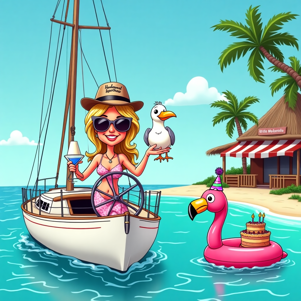 **Prompt:**

At the top of the illustration image: *Happy Birthday Heike – Smooth sailing and sparkling smiles at 60!*

A vibrant, funny cartoon-style scene featuring a petite, fabulous 60-year-old blonde woman—Heike—striking a confident pose at the helm of a luxurious Hallberg-Rassy 50 sailboat named "Pearl Grinner," anchored just off the sun-drenched coast of Isla Mujeres. She’s rocking oversized sunglasses, a captain’s hat that says “Still Shipshape,” and flashing a dazzling new set of shiny white dentures as she holds a martini glass triumphantly in one hand and the steering wheel in the other. 

A flamboyant seagull perched on the boat’s railing grins with matching dentures, winking cheekily at Heike. The crystal-clear turquoise water sparkles, and in the background, a beach bar called “The Molarnito” has a birthday banner and dancing maracas. Floating beside the boat is a bright pink inflatable flamingo holding a mini birthday cake on its back. The entire scene exudes tropical silliness, aging fabulously, and the freedom of high-seas fun.
Generated with these themes: Petite blonde 60 years old, blonde hair, new dentures, Isla Mujeres, Hallberg-Rassy 50 .
Made with ❤️ by AI.