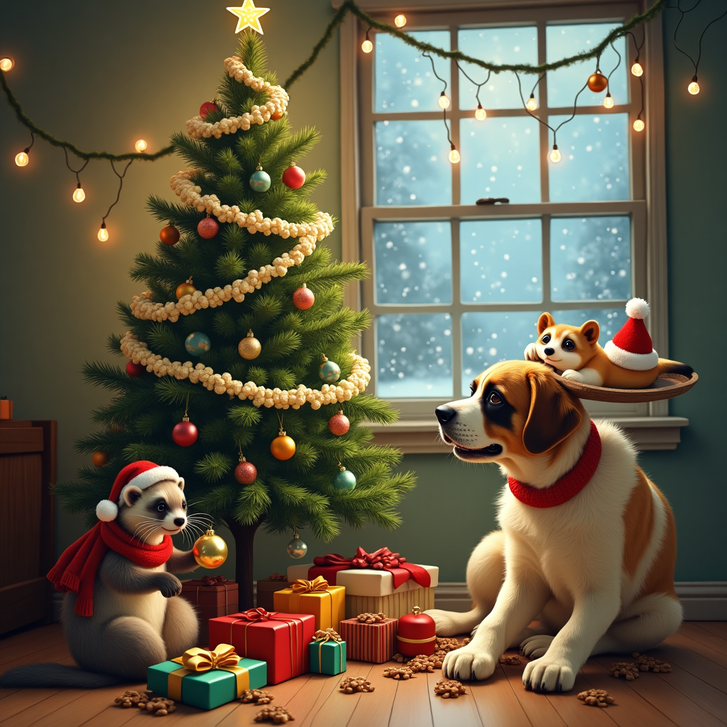 In the whimsical scene, a charming Christmas tree stands prominently in the center, its branches bedecked with shimmering ornaments and twinkling fairy lights. To its right, a playful ferret, wearing a tiny Santa hat, mischievously dangles a bauble from its mouth, looking like it’s up to some festive mischief. The bauble gleams, reflecting the myriad colors of the lights. Just to the left of the tree, a Bernese Mountain Dog lounges with an expression of serene amusement, a festive scarf wrapped around its neck. The dog's massive, fluffy paws rest on a pile of colorful presents, one paw protectively over a bone-shaped gift, tied with a large red bow. Next to this serene giant, a St. Bernard with a striking resemblance to Beethoven — droopy eyes, a gentle demeanor, and that iconic barrel collar — seems to have taken on the role of the holiday butler. It balances a tray of milk and cookies on its back, a Santa hat perched precariously on one ear, adding a touch of slapstick humor. Above, a string of popcorn garland loops from branch to branch, adding a quaint, homemade touch to the decor. In the backdrop, a window reveals a winter wonderland with soft snowflakes falling gently outside, while the warm glow from inside casts a comforting light onto the frosted windowpanes. This tableau is set on a polished wooden floor, scattered with the fallen pine needles of the tree, completing the cozy, chaotic, and utterly delightful Christmas scene.
Generated with these themes: Have a ferret and a birdies mountain dog and a St. Bernard that looks like Beethoven around a Christmas tree.
Made with ❤️ by AI.
