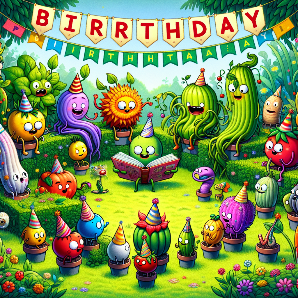 Create a cartoonish image of a birthday scene set in a vibrant, lush garden filled with a mixture of unusual talking plants of various bright colors and sizes. A lively animated book character, wearing a cheery party hat, takes the center stage, conducting a fascinating gardening tutorial for an eager audience of mirthful vegetables of different varieties. Overhead, across the garden, festive banners constructed from book pages flutter gently in a soft breeze. Guests, who are incidentally tiny animated characters from various books, sit comfortably on creative flowerpot seats, each engrossed in miniature books. Every once in a while, a jovial worm character pops its head out from the pages of these books to share a funny joke, to the delight of its audience. All these details make this enchanting garden library the ideal location for a birthday celebration for someone who loves books and has a sense of fun and whimsy.
Generated with these themes: Gardening, and Reading.
Made with ❤️ by AI.