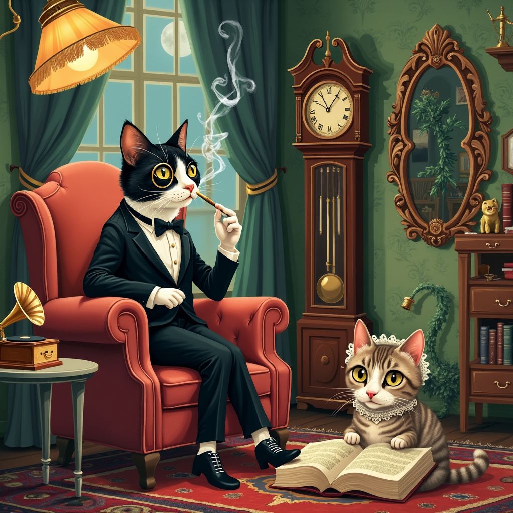 In a whimsical, vintage-inspired living room, the scene unfolds with a touch of surreal humor. The centerpiece of the illustration is an elegantly dressed cat, reminiscent of a 1920s dapper gentleman, complete with a tiny bow tie and a monocle perched on its left eye. This cat, with its luxuriant fur patterned in classic tuxedo black and white, sits on a richly upholstered, burgundy armchair, confidently puffing on a long, slender cigarette holder that curls wisps of smoke into the air. 

The living room itself is an eclectic blend of the fantastical and the old-world charm. The wallpaper is a soft, faded sage with intricate floral patterns, reminiscent of a Beatrix Potter illustration. To the right, an ornate, gilded mirror hangs on the wall, reflecting a part of the scene, adding depth. A mahogany bookshelf brims with leather-bound books and peculiar knick-knacks like a small brass telescope and a porcelain elephant. 

Beside the armchair, a small round table holds an antique phonograph with its golden horn, a record spinning, suggesting the gentle strains of a bygone melody. A plush, intricately designed Persian rug spreads beneath the table and chair, its vibrant reds and blues adding warmth to the scene.

In the background, a tall, stately grandfather clock stands sentinel, its face showing the time as just past midnight, its pendulum frozen mid-swing. An open window draped with heavy, velvet curtains lets in the silvery light of a full moon, casting shadows that dance with the smoke rings.

On the left, a second, slightly smaller armchair is occupied by another cat, this one a calico with a delicate lace bonnet and a pearl necklace, engrossed in a large, open book. The book’s cover, richly illustrated in the style of an Arthur Rackham fairytale, features a dragon entwined with ivy.

A vintage floor lamp with a fringed shade casts a warm, golden glow over the scene, illuminating the intricate details: the soft texture of the armchairs, the gleam of the monocle, and the smoky tendrils curling up into the moonlit night. 

This quirky anniversary scene is an homage to timeless elegance with a humorous twist, bringing together the sophisticated cat couple celebrating in their unique, enchanting way.
Generated with these themes: Cat smoking.
Made with ❤️ by AI.