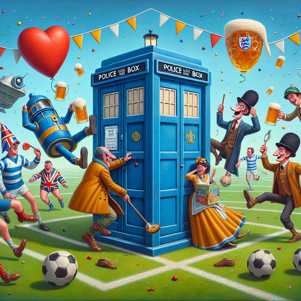 A humorous scene is centered around a classic, British-style blue police box stationed firmly in the middle of a lively soccer field, embellished with the emblem of a famous London-based football team. Characters resembling vintage sci-fi adventurers, donning quirky party accessories and primary colors, are trying to juggle a comical game of football whilst preserving their mugs of frothy ale. Whimsical hearts hover overhead, embodying joy and yearly jubilation, and a cake garnished with an insignia from a prominent interstellar exploration organization augments the festive mood.
Generated with these themes: Star trek, Dr who, Love, Birthday, Beer, and Arsenal.
Made with ❤️ by AI.