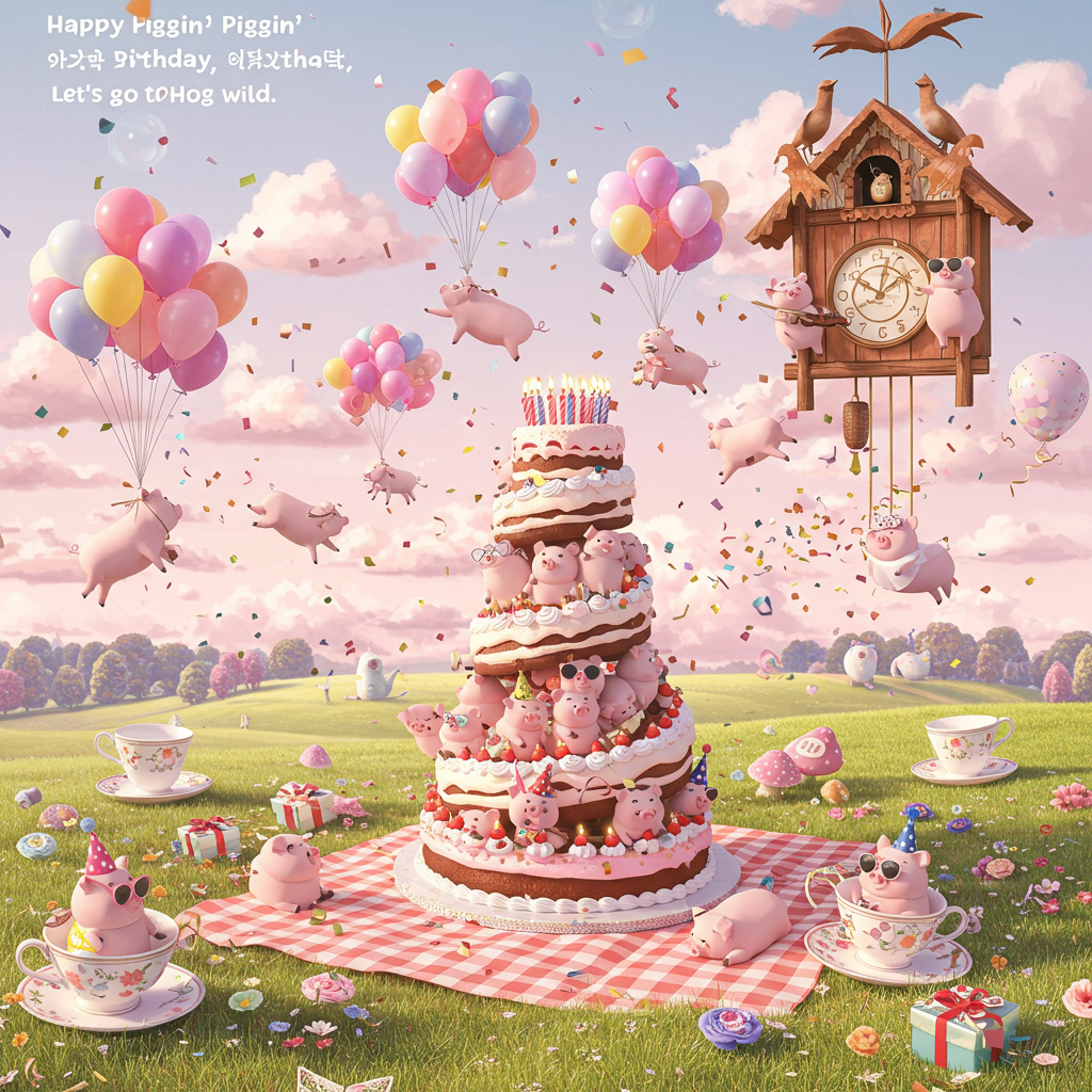At the top of the illustration image: Happy Piggin’ Birthday, 茹姐 — Let’s go hog wild!

**Prompt:**  
A surreal birthday scene in a dreamlike countryside where 50 floating pigs drift through a bubblegum-pink sky, each tethered to balloons shaped like slices of birthday cake. Below them, a grassy meadow unfurls into a checkered picnic blanket of checkerboard clouds, with teacups blooming like flowers and birthday candles sprouting from candy mushrooms. A towering, spiraling birthday cake is growing like a tree in the middle of the scene, with pigs lounging on each tier, wearing sunglasses and party hats. The entire image is drenched in soft pastel hues, with glittering confetti raining upwards. An antique cuckoo clock in the sky bursts open, and a pig in a tutu emerges, throwing streamers from a violin. The mood is absurd, magical, and joyously whimsical — a fantastical pig party in an alternate birthday universe.
Generated with these themes: With 50 pigs, and .
Made with ❤️ by AI.