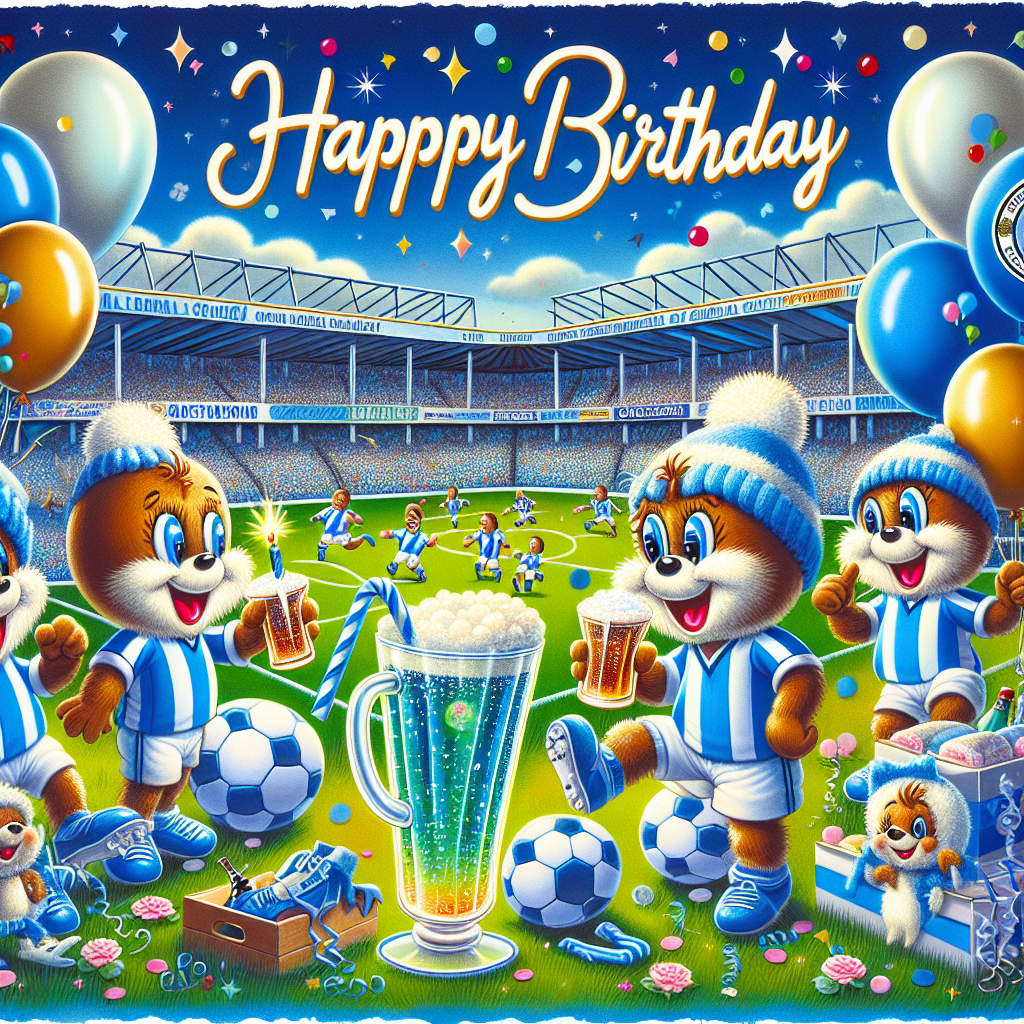 A lively, colorful birthday card illustrating a enchanting scene related to an unnamed but popular football club. The highlight of the card is a playful, animated portrayal of a nameless but well-known stadium, accompanied by jubilant footballs donning jerseys in blue shades. Balloons in hues of blue and white are scattered around the stadium, lending a festive air to the card. Additionally, a cute mascot hoists a pint of fizzy drink, offering it in symbolic cheer for the birthday. The scene is further adorned with festive decorations like party streamers and confetti. The whole scene exudes a jovial and birthday-appropriate atmosphere.
Generated with these themes: Ipswich Town football club, and Guinness.
Made with ❤️ by AI.