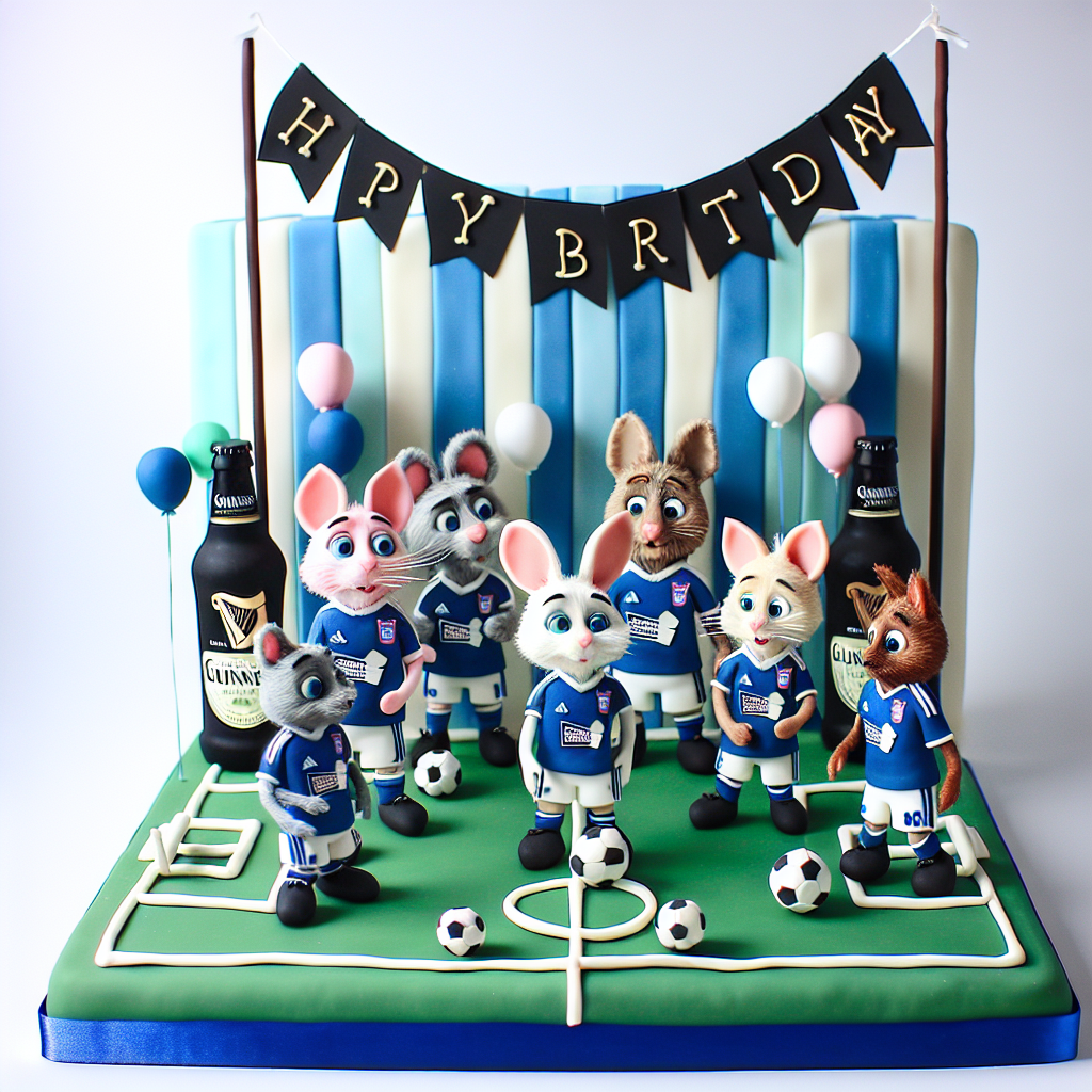 Create an image with a fun group of anthropomorphic animal characters donning Ipswich Town football kits. They are participating in an spirited game on a football pitch shaped like a birthday cake. Above the players, there's a fondant banner with the words 'Happy Birthday.' Incorporate Guinness bottles as the goalposts of the pitch. The whole scene should portray a festive, party ambience with tiny flags and pastel hues, highlighted with blue and white balloons attached to each bottle, signifying the team's colors.
Generated with these themes: Ipswich Town football club, and Guinness.
Made with ❤️ by AI.