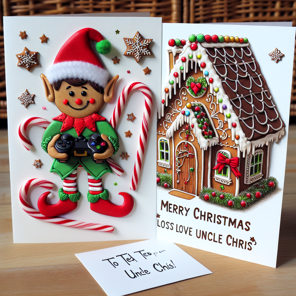 A charming depiction of a gingerbread house with candy canes and chocolate shingles features an elf joyfully holding a game controller. The scene is adorned with the message 'To Ted Merry Christmas Lots of love From Uncle Chris' on a sweetly decorated card.
Generated with these themes: Gaming, chocolate.
Made with ❤️ by AI.