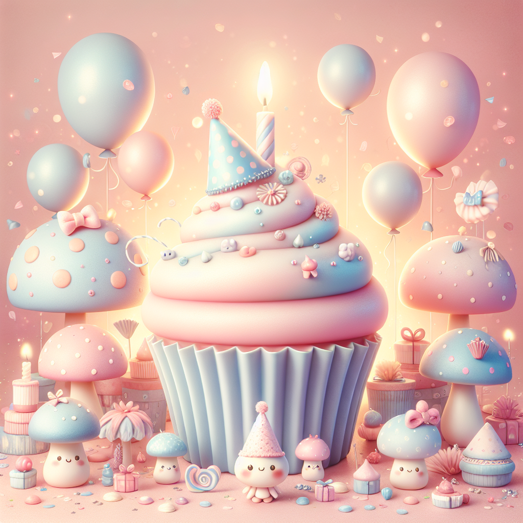 Create a whimsical birthday-themed illustration. In the center, draw an oversized cupcake with pastel-colored frosting. Have a tiny, cheerful character with a party hat perched on top. Surround the cupcake with whimsical mushrooms in soft pinks and blues, all adorned with delicate polka dots and miniature bows. Scatter soft, transparent balloons throughout the background alongside confetti gently falling from the sky. Illuminate the entire scene with the warm glow of candlelight, promoting a cozy and festive atmosphere.
Generated with these themes: Mushrooms.
Made with ❤️ by AI.