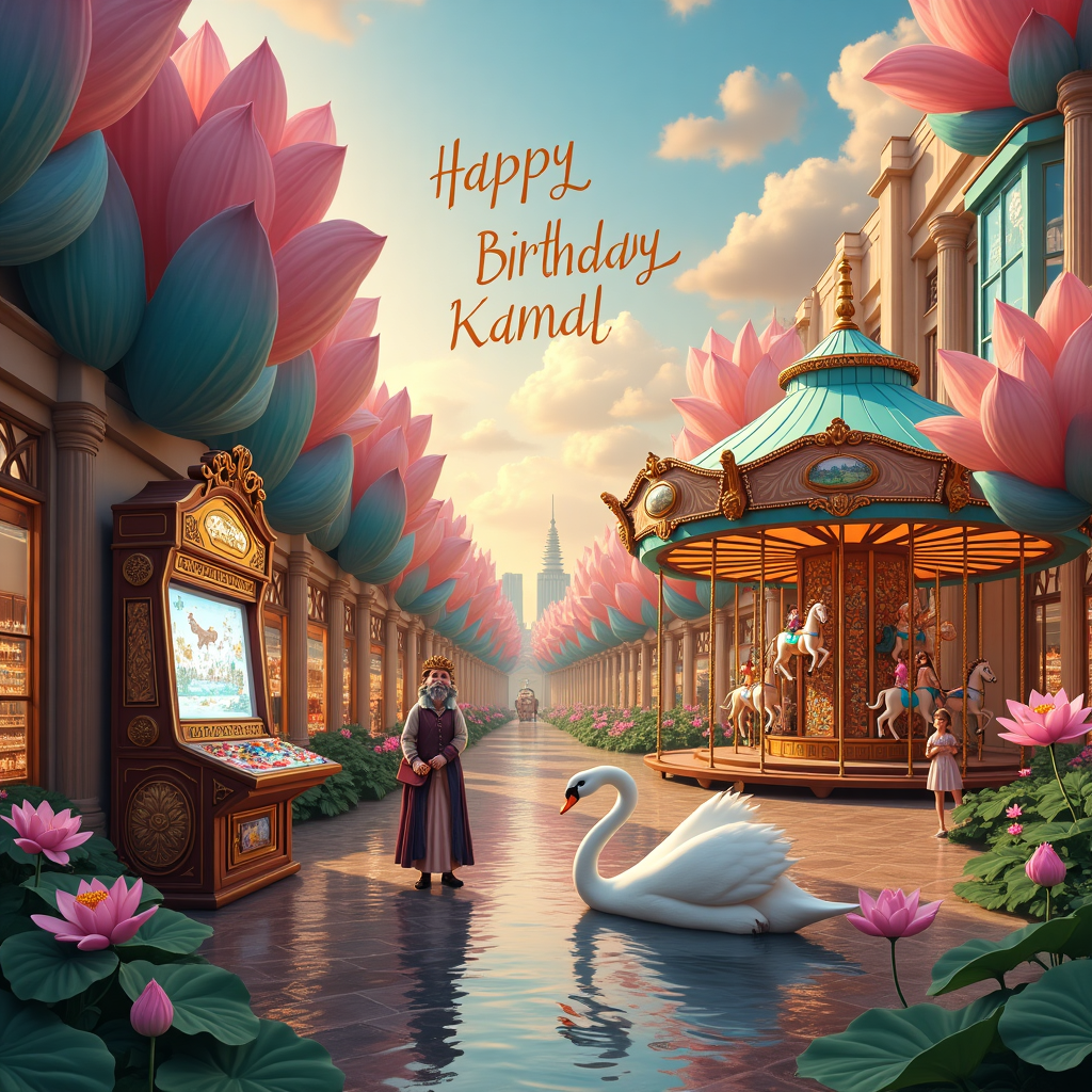 The scene is a surreal birthday celebration set amidst a dreamlike landscape that intertwines the various themes. In the foreground, an opulent shopping street leads the eye, lined with vibrant boutiques whose windows display a kaleidoscope of beauty products and exotic travel artifacts. These stores are architecturally inspired by intricate lotus petals, each with a unique color pattern, creating a stunning backdrop. At the center of this street, a grand carousel is in motion, but instead of traditional horses, it features colorful lotus flowers, each petal adorned with images of far-off lands and cultural emblems, representing travel and tourism.

Hovering above the carousel, in a sky painted with surreal sunset hues, are fluffy clouds artfully forming the words "Happy Birthday Kamal," as if scripted by a whimsical breeze. To the left, an ancient arcade game machine, styled like a classic cabinet but with a facade of enchanted wood reminiscent of Arthur Rackham's illustrations, invites you to play. Its screen flashes images of mythical lands and adventures, promising a journey into imagination.

In the distance, a serene lotus pond reflects the shimmering sky, and an elegant swan, with a crown made of shopping bags, glides gracefully across the water. Alongside, a tour guide dressed in fantastical attire, reminiscent of a Beatrix Potter character, gestures towards the lotus blossoms, each blooming into vibrant scenes of world destinations. This fantastical landscape invites viewers to explore the wonders and beauty of life, all while celebrating Kamal's special day with an immersive and enchanting narrative.
Generated with these themes: Happy birthday Kamal, Scenery, Shopping, Beauty, Travel and tourism , Lotus, and Games.
Made with ❤️ by AI.