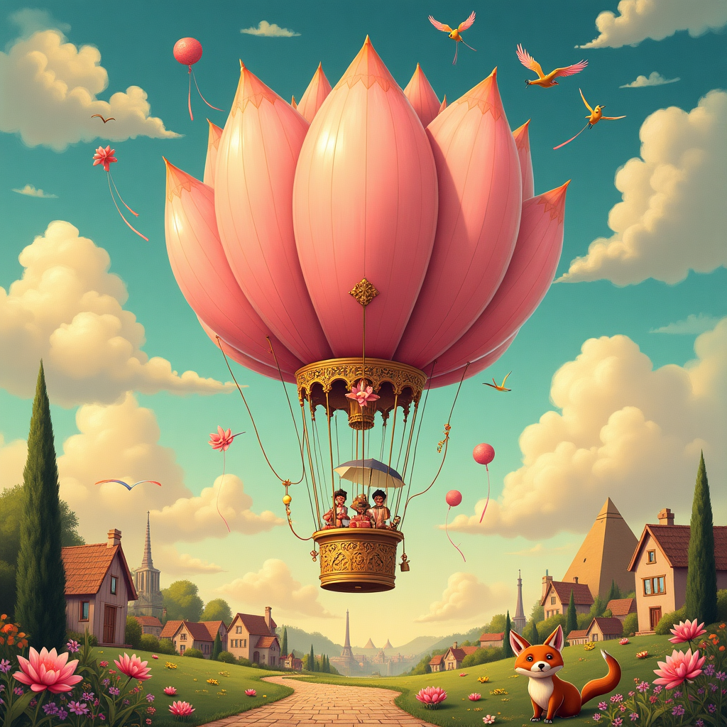 Imagine a fantastical birthday card illustration that unfolds like a whimsical tableau straight out of a storybook. At the center of the scene, a grandiose, lotus-shaped hot air balloon, with each petal painted in vibrant hues of pink and gold, drifts serenely across a surreal landscape. The balloon's basket is intricately adorned with Victorian-era filigree, reminiscent of Beardsley's ornate lines, and inside, there are cheerful passengers, each representing different elements of Kamal's interests: a shopper with bags overflowing with colorful trinkets, a beauty enthusiast sporting a fanciful feathered hat, and an explorer with a telescope and a map. 

Below, a cobblestone path winds through a picturesque village, echoing the charm of a Beatrix Potter painting, with quaint cottages that have game consoles for roofs. A charming fox, in a manner befitting Sendak's creatures, is playfully juggling lotus flowers while wearing a miniature traveler's cap. In the sky, fluffy clouds morph into shapes of iconic landmarks—like the Eiffel Tower and the pyramids—hinting at the theme of travel and tourism. 

Emblazoned across the sky, where a flock of birds create a V formation, is the message "Happy Birthday Kamal," with each letter ingeniously formed by the wings of soaring birds and streaks of rainbow-hued kites that dance in the gentle breeze. The whole scene is bathed in the warm, golden glow of a Maxfield Parrish twilight, giving the surreal elements a touch of serene majesty. This dreamlike panorama invites the viewer to explore each delightful detail, offering a joyful celebration of Kamal's birthday and passions.
Generated with these themes: Happy birthday Kamal, Scenery, Shopping, Beauty, Travel and tourism , Lotus, and Games.
Made with ❤️ by AI.