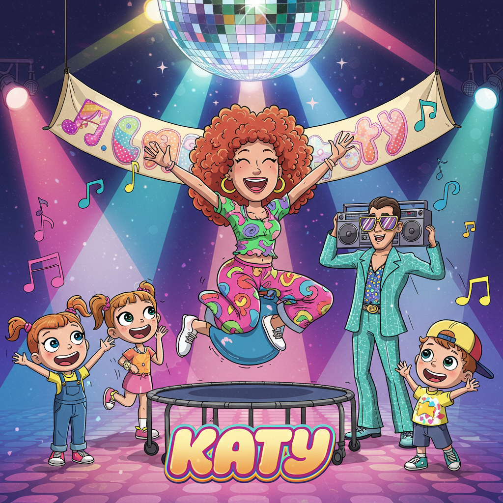 Front and center, we have a dynamic cartoon scene set against a vibrant, disco-inspired backdrop. The sky is a swirling tapestry of electric blues, vivid purples, and hot pinks, reminiscent of a 1970s disco dance floor. Floating above is a giant, glistening disco ball reflecting glimmers of rainbow light across the entire scene. 

In the foreground, a joyful lady with exaggerated, playful features is caught mid-air as she leaps energetically on a bouncy trampoline. Her outfit bursts with color—think of a swirling rainbow—a mix of polka dots and stripes in hues of neon green, fiery orange, and shocking pink. Her hair, styled in gravity-defying curls, mirrors the kaleidoscope of colors from the disco lights above.

To the left, a cheerful girl with wide, expressive eyes and a comic book-style, upturned ponytail is clapping her hands in glee. She's dressed in a bright yellow shirt and denim overalls, with cartoonishly oversized sneakers that seem to have a life of their own.

On the right, a small boy, no taller than the trampoline itself, wears a classic cartoon-style baseball cap and a T-shirt that mirrors the disco ball’s shimmer with tiny reflective patches. His wide grin and raised arms add to the animated cheer of the scene.

Behind them stands a tall man in a wildly patterned suit of teal and silver, complete with exaggeratedly large sunglasses reflecting the vibrant lights. He’s holding a boombox over his shoulder, from which colorful musical notes and symbols emanate, swirling around the group.

In the background, a bold, looping banner stretches across the scene, suspended in mid-air by unseen wires. The banner is adorned with glistening sequins and boldly spells out "Katy" in a playful, bubbly font that seems to pop out from the illustration.

Below this lively ensemble, the trampoline springs are animated with comically exaggerated coils, bouncing with a whimsical elasticity that adds to the overall playful atmosphere.
Generated with these themes: Happy lady jumping on a trampoline, Bright colours, Disco vibe and music, and  cheered on by a girl, a small boy and a man .
Made with ❤️ by AI.