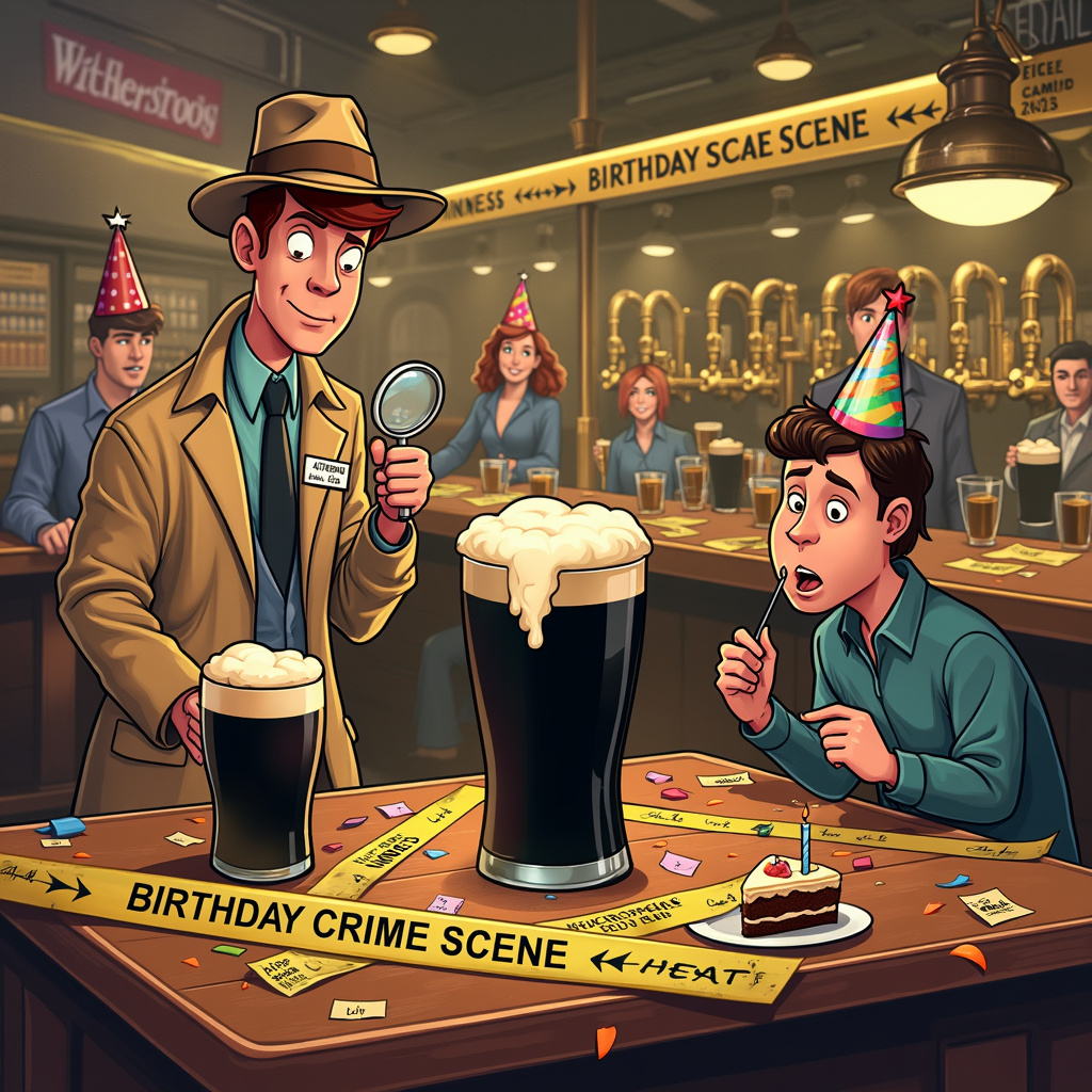 Certainly! Here's a detailed description for the birthday greeting card cover:

**Scene Description:**

The setting is inside a lively Wetherspoons pub. The bar counter stretches across the background, with shiny brass taps gleaming under warm overhead lights. In the foreground, a comically exaggerated CSI (Crime Scene Investigation) scene is taking place.

**Foreground:**

1. **Detectives**: Two cartoonish detectives, one tall and skinny and the other short and stout, both wearing trench coats and fedoras, are inspecting a "crime scene" around a table. The tall detective is holding a magnifying glass, inspecting a giant, frothy pint of Guinness sitting on the table. The short detective is holding a notepad, looking puzzled.

2. **Crime Scene Tape**: Bright yellow crime scene tape reading "BIRTHDAY CRIME SCENE" is stretched around the table, where confetti and birthday decorations are scattered.

3. **Guinness**: The pint of Guinness is humorously large, nearly the size of a small barrel, with the creamy head overflowing, emphasizing the birthday celebration. A tiny flag with "Happy Birthday" written on it sticks out from the foam.

4. **Party Scene**: Surrounding the table are several friends in party hats, frozen mid-action like they’ve been caught in the middle of a surprise. One friend is holding a slice of birthday cake with a single lit candle, another has a party popper mid-pop with colorful streamers shooting out, and another is blowing a noisemaker.

5. **Evidence Markers**: Evidence markers, the kind used in crime scenes, are placed around the table. Instead of typical numbers, they have humorous birthday-related items labeled like "1: Cake Crumbs," "2: Spilled Beer," and "3: Used Party Popper."

**Background:**

1. **Bar Counter**: Behind the main scene, the bar counter is packed with patrons, each holding a pint of Guinness. A jovial bartender is in mid-pour, filling another pint glass from the tap.

2. **Decorations**: The walls are adorned with birthday banners, streamers, and balloons. A large banner reads "Happy Birthday from Wetherspoons!"

3. **Television**: Mounted above the bar, a TV screen shows a cheesy reenactment of a CSI episode, with actors exaggeratedly mimicking the actions of the detectives in the foreground.

4. **Pub Details**: Wooden bar stools and tables are scattered throughout, with some patrons engaged in animated conversations and others clinking their glasses in celebration.

5. **Lighting**: The lighting is warm and inviting, with a combination of hanging lamps and fairy lights adding to the festive atmosphere.

**Additional Details:**

1. **Speech Bubbles**: The tall detective says, "I think we’ve found the culprit—Birthday Fun!" and the short detective replies, "Case closed, time to celebrate with a Guinness!"

This scene is a delightful mash-up of a typical birthday celebration, CSI drama, and the cozy environment of a Wetherspoons pub, packed with humorous details that will make the card recipient smile.
Generated with these themes: CSI, Guinness , and Wetherspoons .
Made with ❤️ by AI.