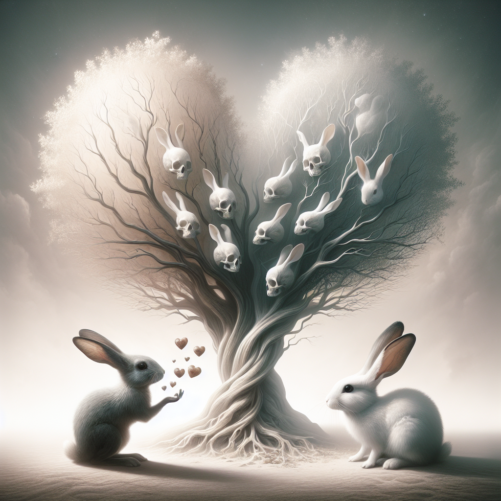 Create a surrealist image to commemorate an anniversary. Feature an ethereal tree with its branches artistically merging into a heart shape, symbolizing love. Include two rabbits—one white and one black—standing on their hind legs, exchanging sweets as a metaphor for life's shared joys. Also, introduce subtle, almost translucent skulls interspersed among the tree's foliage as a poignant reminder of the impermanence of life and the importance of cherishing every shared moment.
Generated with these themes: White rabbit, Black rabbit, Tree, Heart, Sweets, and Skull.
Made with ❤️ by AI.