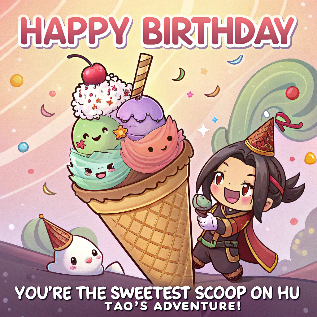 At the top of the image, "Happy Birthday":

At the bottom of the image, "You're the sweetest scoop on Hu Tao's adventure!"

- In the center of the image, illustrate a playful cartoon scene featuring Hu Tao from Genshin Impact. She's holding an oversized, colorful ice cream cone with whimsical flavors piled high. Around her, adorable animated ice cream scoops with smiling faces are playfully bouncing, some wearing tiny party hats. The background is filled with vibrant, swirling colors to capture the festive, joyous mood.
Generated with these themes: Ice cream hu Tao from genshin impact cute stuff , and .
Made with ❤️ by AI.