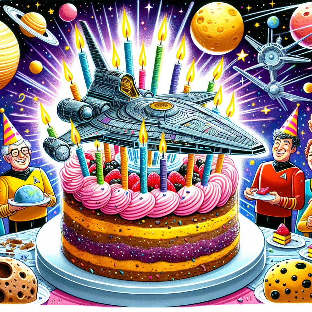 A whimsical illustration designed for a space exploration themed birthday party. The centerpiece of the scene is a delicious-looking cake creatively shaped like a futuristic starship, with candles that mimic the ship's warp trails. The background is adorned with bright, cartoonish representations of planets and stars. A jovial group of space explorers in festive hats are huddled around the cake. A charismatic team leader, smiling broadly, is holding a slice of the cake.
Generated with these themes: Star trek.
Made with ❤️ by AI.