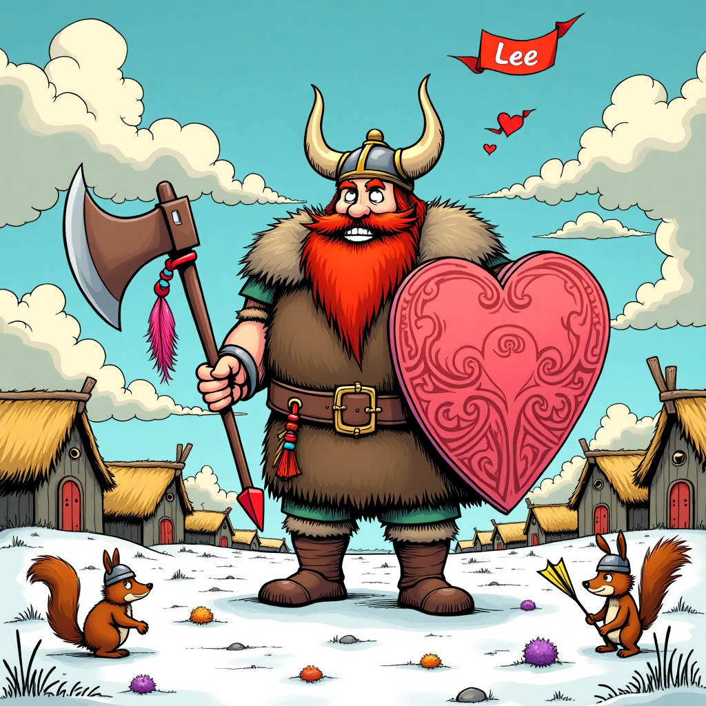 Front and center, a towering Viking warrior stands with an exaggerated cartoonish flair, channeling the playful spirit of Charles Schulz and Bill Watterson. The Viking sports a helmet with oversized, comically curved horns, and his red beard is bushy and flows like a waterfall, reminiscent of Osamu Tezuka's lively characters. His eyes are wide and twinkling, capturing a touch of Winsor McCay's whimsy.

The Viking is holding a massive heart-shaped shield, painted with bright reds and pinks, reflecting Walt Disney's vibrant color palette. The heart is adorned with intricate, swirling Nordic patterns that are highlighted in a soft gold. Leaning casually against the shield is a giant, plush arrow with a fluffy pink feather tail.

In the Viking's other hand, he wields a comically oversized battle-axe, with a handle that resembles a bouquet of roses, petals in varying shades of red and white cascading down its length, a nod to Gary Larson's playful absurdity.

The background is a lively Viking village with thatched-roof huts. Banners flapping in the breeze carry heart symbols and runes. Above, a whimsical sky filled with exaggerated fluffy clouds, drawn in the bold lines of R. Crumb, stretches out. Among the clouds, written in bold, playful letters, is "Lee," as if the sky itself is declaring a message.

On the ground, little animated animals, akin to those in a Hergé adventure, scamper around—a squirrel with a tiny Viking helmet, a rabbit wearing a miniature cloak, and a fox carrying a quiver of arrows made of twigs.

Scattered across the scene, wildflowers in purples, yellows, and blues poke through the snowy landscape, adding pops of color reminiscent of the vivid detail found in Art Spiegelman's illustrations. In the distance, rolling hills are drawn with the flowing, expressive line work of Will Eisner, providing depth and a touch of whimsy to the setting.
Generated with these themes: Viking.
Made with ❤️ by AI.