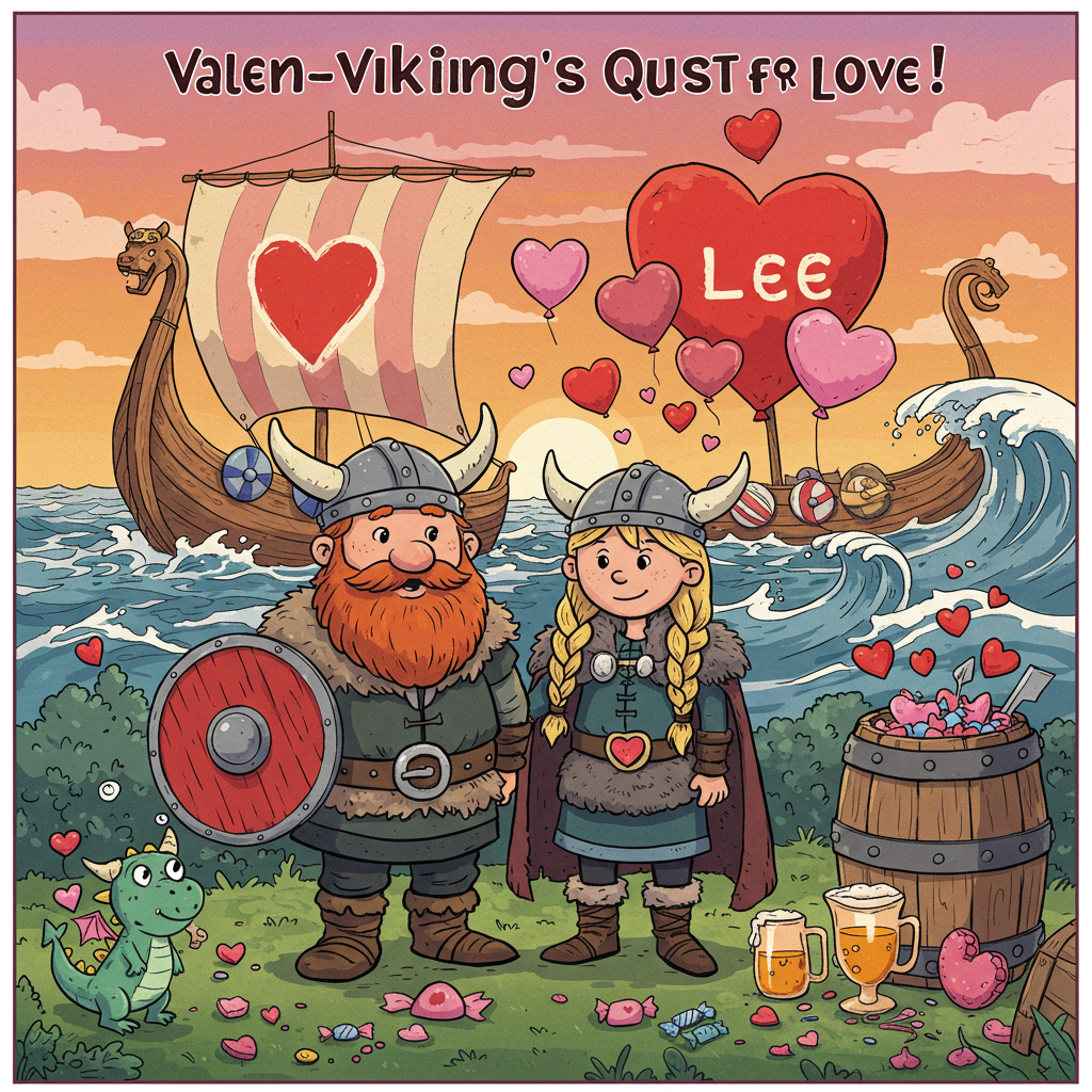 Title: "Valen-Viking's Quest for Love"

Scene Description:

1. **Foreground Characters:**
   - A cartoonish Viking couple stands prominently in the center, with exaggerated features reminiscent of characters from Charles Schulz or Bill Watterson. 
   - The Viking man has a bushy red beard, large round nose, and wide, jovial eyes. He wears a traditional Viking helmet with oversized horns and a fur-trimmed tunic. In one hand, he holds a heart-shaped shield.
   - The Viking woman stands next to him, her long blonde braids cascading down her fur-collared cloak. She wears a heart-shaped necklace and a helmet with heart-patterned horns.

2. **Background Elements:**
   - A colorful, slightly whimsical Viking ship floats in the background on a sea of swirling pastel waves, reminiscent of Winsor McCay's dreamlike settings. The ship’s sail is adorned with a giant red heart, with the name "Lee" elegantly painted in white across it.
   - Behind the ship, a sunset sky glows with rich hues of orange, pink, and purple, casting a warm light over the entire scene, in the style of Osamu Tezuka’s vibrant panels.

3. **Additional Details:**
   - A cluster of comically oversized red and pink hearts rises from the Viking couple, floating like balloons into the sky.
   - Near their feet, a small, playful dragon pet—similar to a Gary Larson-style creature—peeks out with heart-shaped eyes, adding a quirky touch.
   - In the corner, a barrel overflows with tiny heart-shaped candies and golden goblets, providing texture and depth to the scene.

4. **Text Elements:**
   - Across the top of the card, bold and playful lettering inspired by Walt Disney's classic style reads: "Valen-Viking's Quest for Love!"

The scene is vibrant, cartoonish, and filled with details that capture a playful Viking adventure with a Valentine’s twist.
Generated with these themes: Viking.
Made with ❤️ by AI.