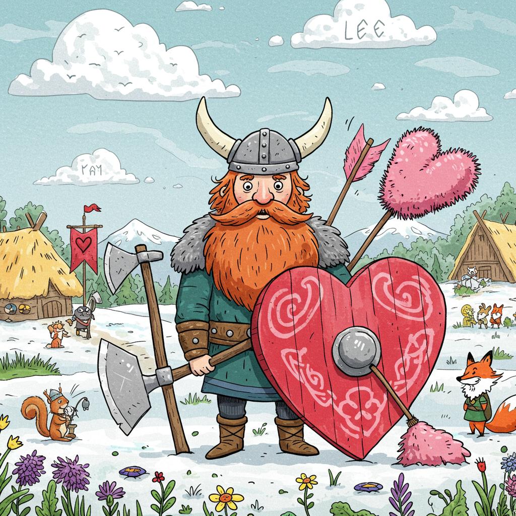 Front and center, a towering Viking warrior stands with an exaggerated cartoonish flair, channeling the playful spirit of Charles Schulz and Bill Watterson. The Viking sports a helmet with oversized, comically curved horns, and his red beard is bushy and flows like a waterfall, reminiscent of Osamu Tezuka's lively characters. His eyes are wide and twinkling, capturing a touch of Winsor McCay's whimsy.

The Viking is holding a massive heart-shaped shield, painted with bright reds and pinks, reflecting Walt Disney's vibrant color palette. The heart is adorned with intricate, swirling Nordic patterns that are highlighted in a soft gold. Leaning casually against the shield is a giant, plush arrow with a fluffy pink feather tail.

In the Viking's other hand, he wields a comically oversized battle-axe, with a handle that resembles a bouquet of roses, petals in varying shades of red and white cascading down its length, a nod to Gary Larson's playful absurdity.

The background is a lively Viking village with thatched-roof huts. Banners flapping in the breeze carry heart symbols and runes. Above, a whimsical sky filled with exaggerated fluffy clouds, drawn in the bold lines of R. Crumb, stretches out. Among the clouds, written in bold, playful letters, is "Lee," as if the sky itself is declaring a message.

On the ground, little animated animals, akin to those in a Hergé adventure, scamper around—a squirrel with a tiny Viking helmet, a rabbit wearing a miniature cloak, and a fox carrying a quiver of arrows made of twigs.

Scattered across the scene, wildflowers in purples, yellows, and blues poke through the snowy landscape, adding pops of color reminiscent of the vivid detail found in Art Spiegelman's illustrations. In the distance, rolling hills are drawn with the flowing, expressive line work of Will Eisner, providing depth and a touch of whimsy to the setting.
Generated with these themes: Viking.
Made with ❤️ by AI.