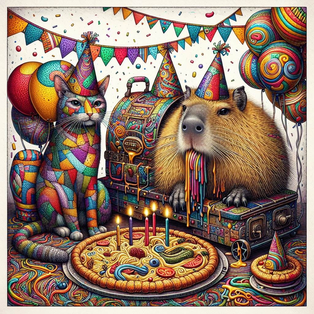 Depict a whimsical birthday scene imbued with abstract shapes and vibrant hues. A peculiar cat, characterized by its patchwork fur pattern, sits on an antique-looking tank that's festooned with colorful birthday streamers. Nearby, a giant capybara with party hats adorning it is contently munching on a pizza. The swirls of melting cheese and an assortment of toppings on the pizza appear so vivid and dynamic that the entire scene transforms into a surreal banquet.
Generated with these themes: Ugly cat, Tank, Capybara, and Pizza.
Made with ❤️ by AI.