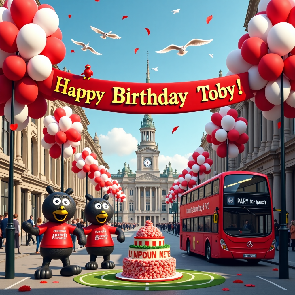 Imagine a bustling street in Liverpool, transformed into a whimsical birthday party just for Toby. The iconic Royal Liver Building towers in the background, but today it’s adorned with gigantic red and white balloons, Liverpool FC colors, that bob gently against the blue sky. A banner stretches across the top of the street between two lampposts, reading "Happy Birthday Toby!" in bold, golden letters, with a Liverbird perched cheekily on the 'Y'. 

In the foreground, the famous Beatles statues along the waterfront are donned in oversized Liverpool FC scarves, each holding a piece of a birthday cake shaped like a football pitch, complete with tiny edible players and a goalpost made from candy canes. Nearby, a red double-decker bus, like those used on Liverpool tours, is parked curbside, with its destination display cheekily reading "Anfield - Party for Toby".

In the center of the scene, a group of people dressed in Liverpool jerseys and waving scarves form a jovial circle around a life-sized football piñata. As confetti in the shape of miniature footballs rains down, you can see a small flock of seagulls hovering above, their wings spelling out "YNWA" - You’ll Never Walk Alone - in a playful nod to the club's anthem, while a large cloud in the sky gently morphs into the shape of a smiling Toby. Every detail of the scene is bursting with life and color, capturing both the spirit of Liverpool and the joy of a birthday celebration.
Generated with these themes: Liverpool Football .
Made with ❤️ by AI.