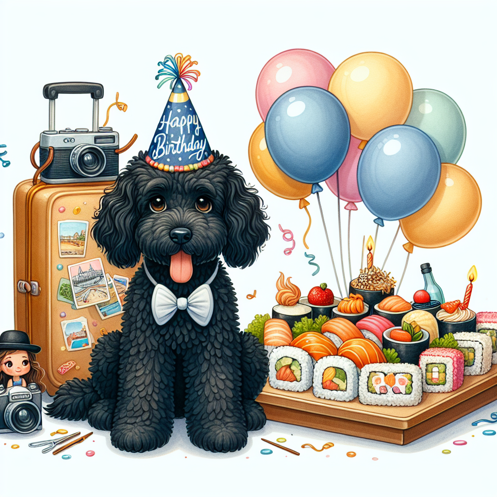 Sushi, Black cockapoo, Barbie, and Travel Birthday Card