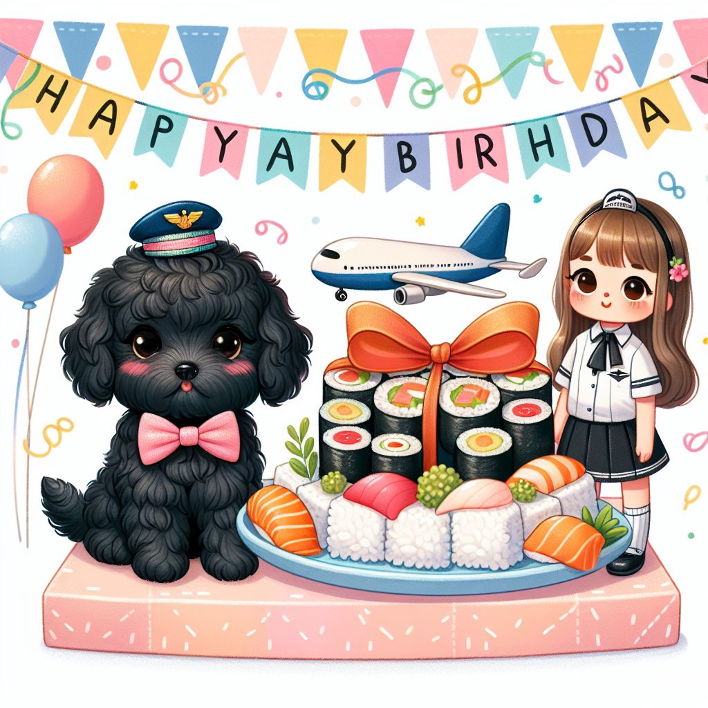 Illustrate a festive birthday scene featuring a sweet black Cockapoo, neatly tied with a decorative ribbon, as if it were an adorable present. The pup is surrounded by an assortment of sushi rolls and sashimi artfully arranged on a pastel-colored plate. A generic doll stands next to it, garbed in a pilot uniform with a tiny airplane behind her, symbolizing the thrill of travel and discovery. The illustration is encased in cheerful birthday streamers with a vibrant banner that proclaims 'Happy Birthday,' emphasizing a lively and custom-made ambiance.
Generated with these themes: Sushi, Black cockapoo, Barbie, and Travel.
Made with ❤️ by AI.