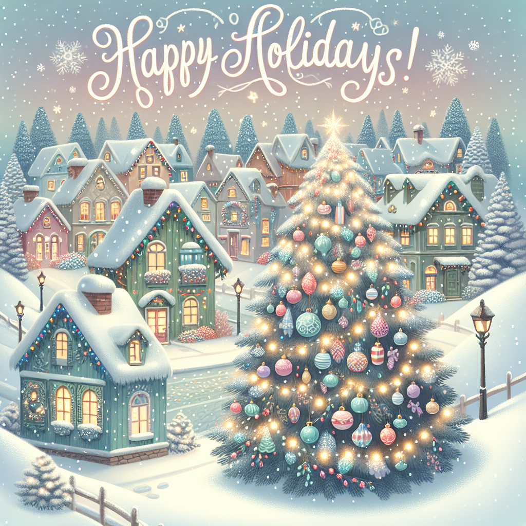 A whimsical vector scene of a vibrant Christmas village with soft, pastel-colored houses. Gently falling snow blankets a central, snow-covered tree adorned with colorful ornaments. Twinkling lights meander through its branches, and the text 'Happy Holidays!' appears above in a cheerful, hand-written font.
Generated with these themes: Snow covered tree.
Made with ❤️ by AI.
