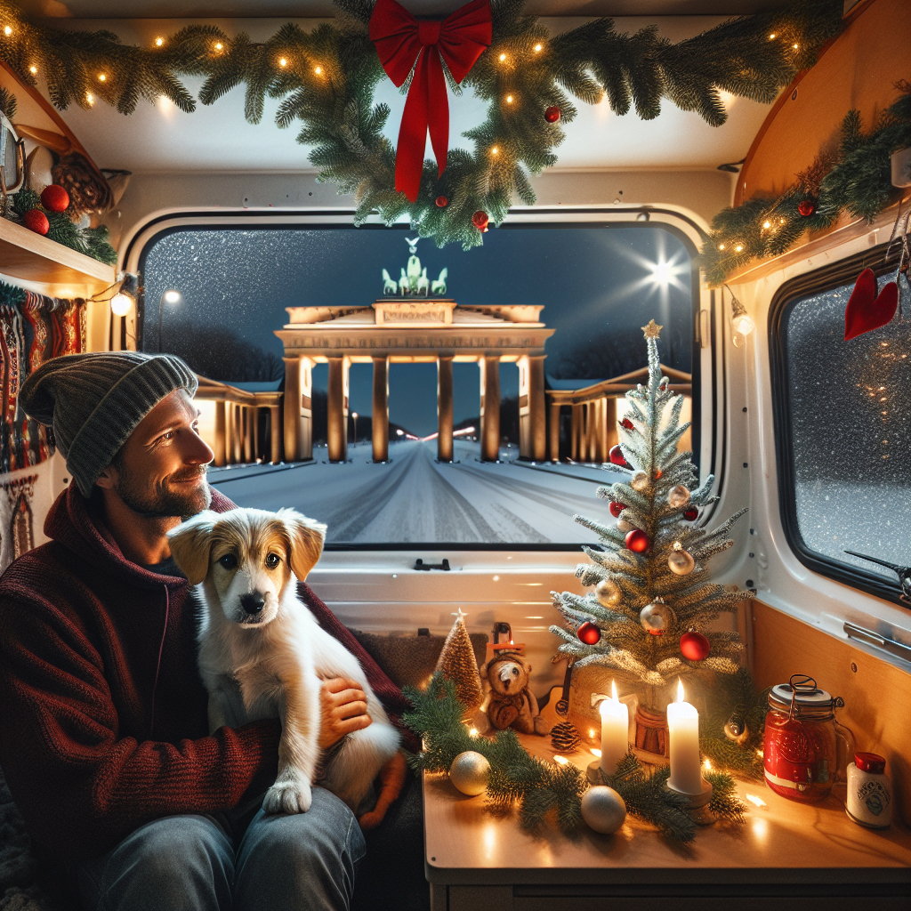 Illustration of Molly and her owner celebrating Christmas in their camper van with Brandenburg Gate visible through the window, surrounded by festive decorations.
Generated with these interests: Their golden retriever, Molly, Berlin, and Their camper van.
Made with ❤️ by AI.