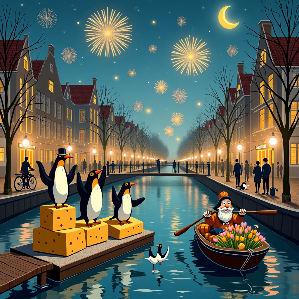 Amsterdam, Bicycles, Dancing penguins, Rowing boat, Tulips, Gouda cheese, Champagne , and Fireworks New-year Card