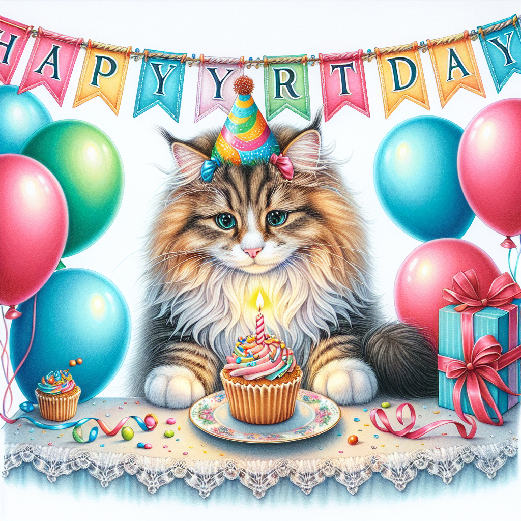 An adorable illustration featuring a fluffy Norwegian Forest Cat adorned with a tiny party hat, surrounded by colorful balloons and a festive banner. The cat appears to be pawing at a cupcake with a single lit candle. 'Happy Birthday' is artistically scripted above the scene.
Generated with these themes: Norwegian Forest Cat Birthday Cards.
Made with ❤️ by AI.