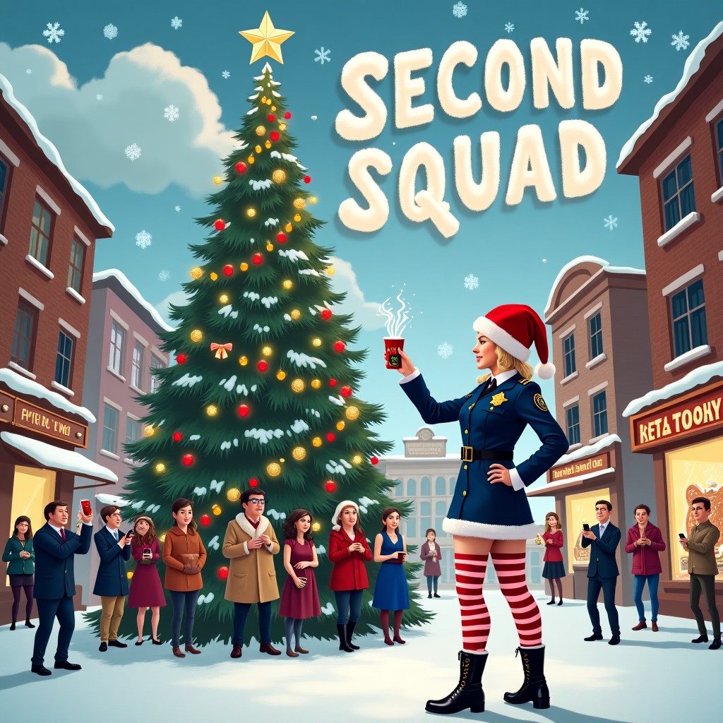 In a bustling and snowy town square, a humorous and unexpected Christmas scene unfolds. At the forefront, a female police officer, donned in her traditional blue uniform but humorously layered with festive red lingerie and candy cane-striped stockings, stands confidently directing traffic. Her bright red Santa hat is tipped jauntily to the side, and her black polished boots glisten with freshly fallen snow. To her left, a towering Christmas tree adorned with twinkling lights and shiny baubles stretches skyward, its top nearly brushing the snow-laden clouds. High above, the clouds themselves have parted in the shape of bold, fluffy letters that spell out "Second Squad" as if inscribed by a whimsical wind. Around the base of the tree, small groups of townspeople dressed in festive winter attire, clutching mugs of steaming hot cocoa, look on with wide smiles, some snapping photos with their smartphones. The square is flanked by quaint brick buildings with frosty windows, each sporting cheerful wreaths and twinkling lights. Across the street, a bakery displays a whimsical cake in the window, decorated to resemble a police badge made of gingerbread. The air is filled with the scent of cinnamon and pine, adding to the scene's vibrant holiday spirit.
Generated with these themes: female police officer in lingerie and stockings.
Made with ❤️ by AI.