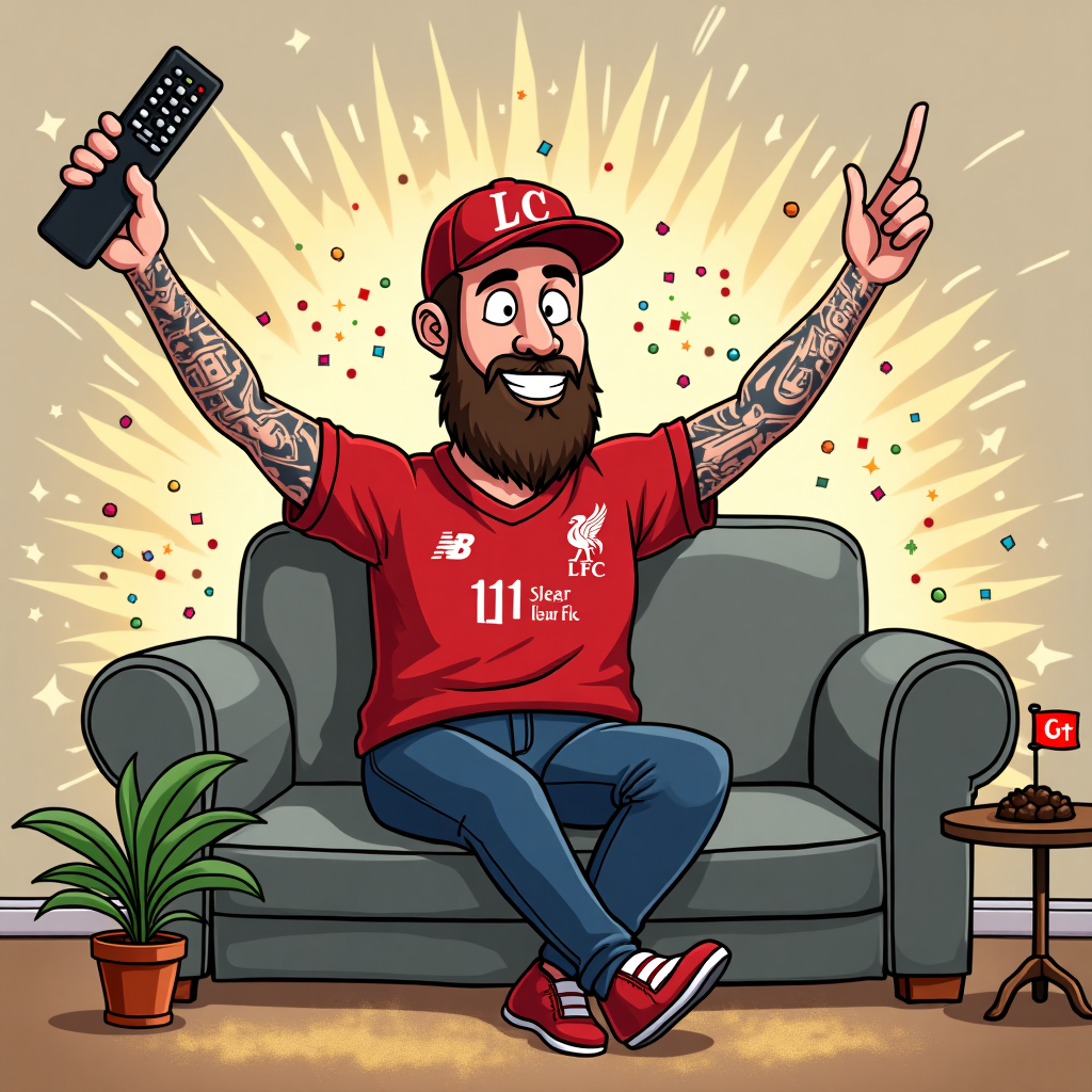 **Prompt for AI Image Generation:**

At the top of the cartoon image: **"Thank You, Jay – For Being More Solid Than Klopp’s Defence!"**

Create a cartoon-style image in a funny and light-hearted mood. Depict a slim man named Jay lounging proudly on a grey sofa, striking a dramatic pose like he’s just won the Premier League himself. He’s wearing a bright red Liverpool FC shirt and a matching Liverpool FC baseball hat tilted jauntily to one side. He’s got a full, glorious beard, arms covered in elaborate tattoos that somehow manage to spell out “Thank You” in illustrated form, and there’s a cheeky glimmer in his eye. 

Surrounding him is an explosion of sparkly glitter — as if he just got tackled by a unicorn mid-celebration. Nearby sits one sad but determined houseplant with a mini Liverpool flag stuck in the soil, trying its best to join the party. The scene screams victory and gratitude in equal measure, as Jay raises a TV remote like a trophy and confetti rains down in exaggerated, over-the-top cartoon sparkle. A cheeky, exaggerated grin completes the comically heroic pose.

Make the entire scene brimming with joyful, sparkly energy and celebratory football-themed chaos — and very heavy on glitter!
Generated with these themes: Man, slim , Birthday, Liverpool fc shirt, Liverpool fc baseball hat, Liverpool are league champions, Grey Sofa, One houseplant, Lots of glitter, Tattoos, Beard, and .
Made with ❤️ by AI.