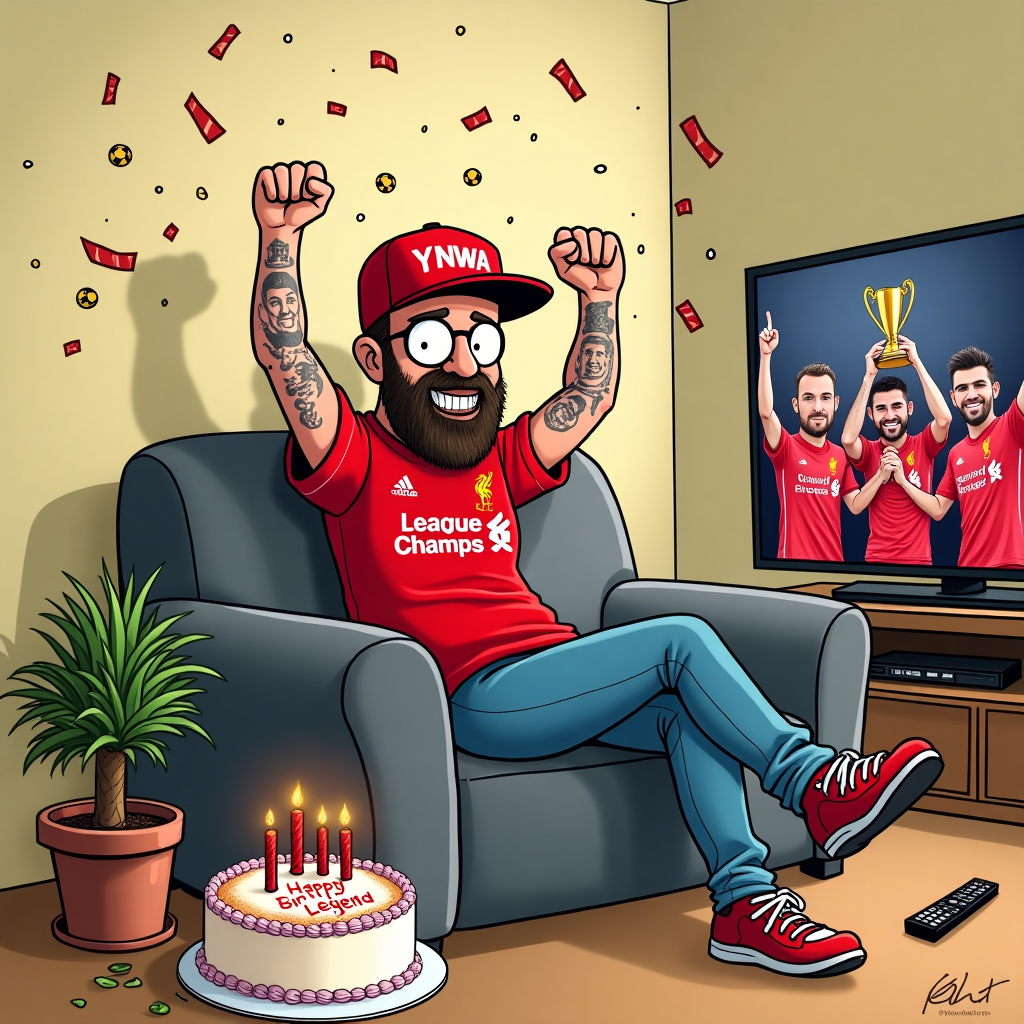 **Prompt:**

*At the top of the cartoon image:*  
**"You’re the real Champion, Jay — Klopp’s got nothing on you!"**

**Image Description:**  
A quirky cartoon of a slim man with a big grin and a bushy beard, lounging triumphantly on a grey sofa like it’s a throne. He’s rocking a bright red Liverpool FC shirt and matching baseball hat that says “League Champs 2024!” in bold glittery letters. His arms are raised in victory, showing off tattoos of footballs, trophies, and a cheeky “YNWA” inked across his knuckles.

Confetti and sparkly glitter fly dramatically in the air like he’s just won the league himself. Behind him sits a lone, scraggly houseplant waving a tiny red flag. Next to him on the couch is a huge birthday cake with a single lit candle — but instead of "Happy Birthday," it’s piped in icing with “Thanks, Legend!” A TV remote dangles from his hand like a trophy, and one foot rests heroically on an empty snack bowl.

In the background, a television shows Liverpool lifting the league trophy — but Jay's head is pasted over every player's face.

Tone: Playful, bold, over-the-top silly celebration.
Generated with these themes: Man, slim , Birthday, Liverpool fc shirt, Liverpool fc baseball hat, Liverpool are league champions, Grey Sofa, One houseplant, Lots of glitter, Tattoos, Beard, and .
Made with ❤️ by AI.