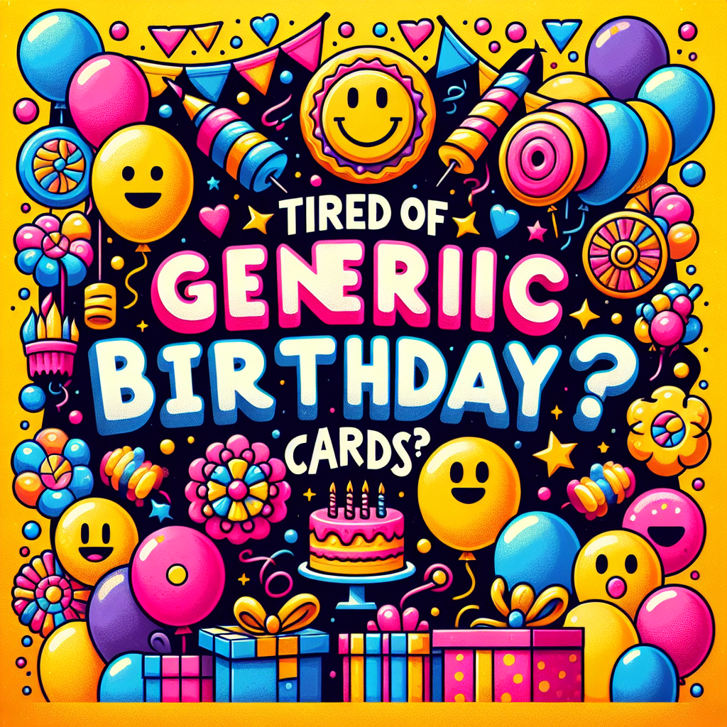 Design a festive, birthday-themed illustration with a 1:1 ratio, ideal for sharing across multiple platforms. The background features a vibrant kaleidoscope of bright yellows, pinks, and blues, interspersed with colourful confetti and floating balloons that enhance the celebratory mood. Centralized is the bold question, 'Tired of generic birthday cards?', written in playful and captivating fonts. Encompassing this are joyous graphics that include smiling emojis, a delightful cake, and wrapped presents. These elements collectively create an atmosphere of fun and excitement, fitting for a birthday celebration.
Generated with these themes: A vibrant and eye-catching advertisement with a 1:1 ratio. The background is a mix of bright colors like yellow, pink, and blue with confetti and balloons. In bold, fun fonts, the phrase ‘Tired of generic birthday cards?’ is prominently displayed. Include playful graphics like smiling emojis, cake, and presents around the text to create a festive and lively atmosphere..
Made with ❤️ by AI.