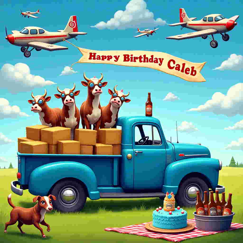 In this whimsically chaotic birthday scene, a vivid blue truck, looking like it just drove out of a vintage postcard, is parked in the middle of a lush green field. Its paint is shiny and slightly worn, giving it a well-loved appearance. The truck's cargo bed is brimming with stacks of hay bales, where a group of cows, each wearing oversized aviator goggles, stand with a mixture of curiosity and excitement. Hovering above this spectacle is a collection of cartoonishly large airplanes, each emblazoned with the Fortnite Battle Royale logo on their sides. One plane is trailing a long banner reading "Happy Birthday Caleb!" in bright, playful letters that flutter in the sky. Surrounding the airplanes, fluffy clouds are shaped like various Fortnite characters, adding a touch of whimsy to the blue sky.

In the foreground, a picnic table is set up with an assortment of birthday treats. There's a towering cake in the shape of a Fortnite llama piñata, with blue frosting and candy accents, sitting beside a tub filled with bottles of beer. The bottles are designed to look like they came straight out of a battle royale game, with quirky labels that say "Victory Brew." In the background, a playful dog wearing a party hat chases its tail, adding a touch of humor to the lively scene. The entire tableau is bursting with vibrant colors and delightful details, ensuring that Caleb's birthday card will be as unforgettable as the story it tells.
Generated with these themes: Blue Truck, Fortnite Battle Royale, Cows, Airplanes, and Beer.
Made with ❤️ by AI.