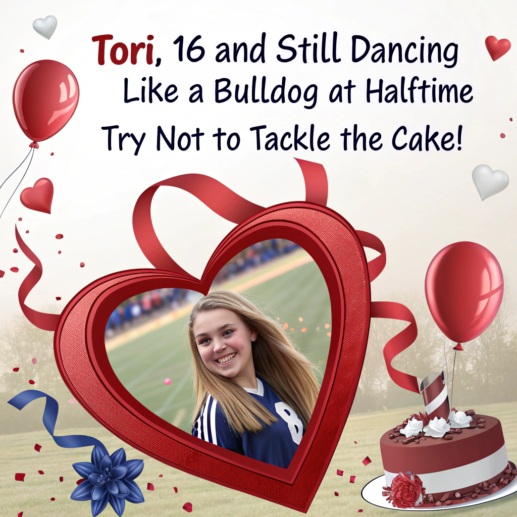 At the top of the image, "Tori, 16 and still dancing like a Bulldog at halftime – try not to tackle the cake!"

Image Description Prompt:

Create a realistic, cute and celebratory photograph featuring a vibrant birthday setup for a 16-year-old girl named Tori. Center the composition around a large, red love-heart-shaped photo frame decorated with soft, satin ribbon weaves and small red and blue stars, subtly nodding to the Canterbury-Bankstown Bulldogs' team colors. Inside the heart frame, leave three small transparent cut-out photo windows designed for inserting real-life pictures of Tori’s friends – include shadowed placeholders to make them pop realistically. Surrounding the frame, place red balloons with glitter details and glowing “16” foil numbers, lightly dusted with birthday confetti.

To one side, show a candid moment: a girl resembling Tori with a joyful smile, wearing Bulldogs fan gear – a jersey paired with a birthday crown – mid-twirl as if caught in a dance. Add a Bulldog mascot balloon peeking in playfully. Set the whole scene against a cozy indoor backdrop with string lights and birthday streamers to enhance the mood.

Ensure lighting is soft and warm for a welcoming, cheerful birthday atmosphere.
Generated with these themes: Love heart with space for phtos of friends , Red , 16, Ribbon, Dance , and The Canterbury-Bankstown Bulldogs are an Australian professional rugby league club based in Belmore, a suburb in the Canterbury-Bankstown region of Sydney..
Made with ❤️ by AI.