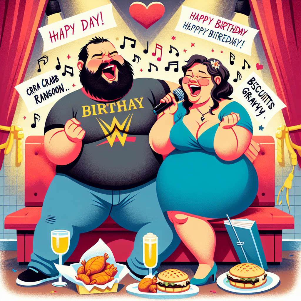 An illustration themed around a birthday celebration, featuring an endearing, curvy Caucasian couple in their thirties showcasing their deep love for each other. They joyfully sing on a karaoke stage, with the bearded man passionately hitting the high notes and the woman glowing with happiness standing next to him. Incorporated subtly into the festive and musical atmosphere are symbols of wrestling, pointing to the couple's shared enthusiasm for the sport. The scene also whimsically combines their favorite comfort foods - crab rangoon and biscuits with gravy - in a creative and imaginative way.
Generated with these themes: Curvy white 30 something couple on karaoke   , 30 something white Bearded guy singing, Karaoke, Wrestling, In love, Chubby white 30 year olds , Crab rangoon, and Biscuits with gravy .
Made with ❤️ by AI.