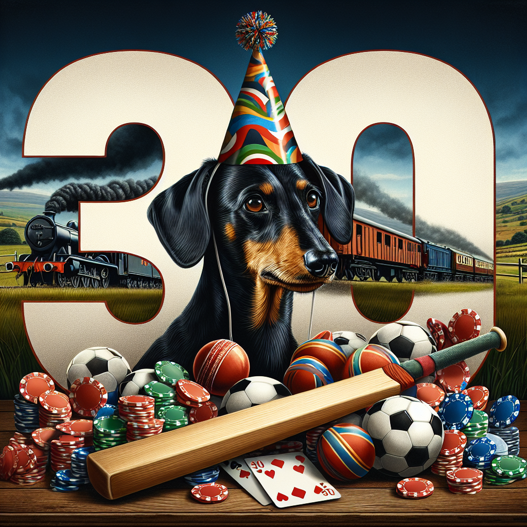 Create a solemn and festive birthday illustration featuring a primary centerpiece of a black and tan sausage dog wearing a party hat patterned with soccer balls. Positioned prominently in the background, the number 30 made vibrant and richly adorned with poker elements such as various playing cards and chips. The scene is powerfully backdrop by a landscape image of a freight train steadfastly chugging its way through a picturesque countryside, a symbol of enduring strength and seamless continuity. Rested in the thoughtful forefront, a cricket bat paired with a ball hinting towards passion for the leisurely pastime.
Generated with these themes: Soccer , Black and Tan sausage dog , 30, Poker, Freight train , and Cricket .
Made with ❤️ by AI.