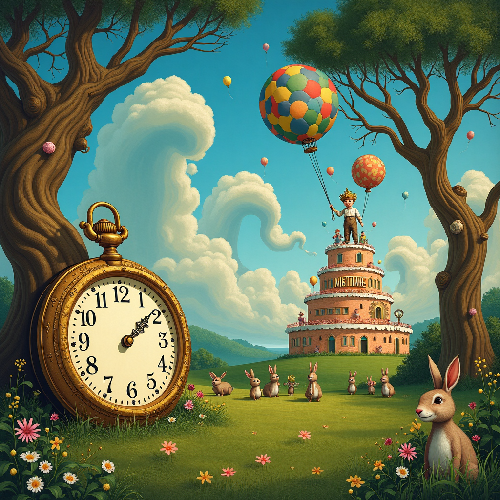 In a fantastical, whimsical setting reminiscent of a dreamscape, imagine a lush, rolling meadow dotted with towering, twisted trees, their branches swirling into the azure sky like something out of Arthur Rackham's imagination. In the foreground, a large, ornate pocket watch with hands set at "40" is embedded in the grass, its intricate details hinting at Aubrey Beardsley's linework. Nearby, a group of playful creatures, inspired by Maurice Sendak’s wild things, are gathered around a massive, tiered birthday cake, each layer resembling a decade, from the groovy 80s to the digital 2020s. The cake is a spectacle of colors, decorated with candied flowers and marzipan figures of bygone eras. On top of the cake, a whimsical figure of a child-like Mike stands triumphantly, wearing a crown made of golden gears and clock hands, celebrating his 40th year. Behind this scene, floating in the sky, fluffy clouds have artfully taken the form of the letters "HAPPY 40th BIRTHDAY MIKE," each letter playfully interwoven with the branches of the trees and glinting in the sunlight like a Maxfield Parrish sky. In the distance, a line of dapper rabbits in Beatrix Potter attire carries oversized balloons, their strings spelling out "MIKE" as they drift into the horizon. The whole scene is bathed in the magical twilight hues of a N.C. Wyeth landscape, creating an otherworldly birthday celebration that is both timeless and delightfully unique.
Generated with these themes: Dy who 40th birthday .
Made with ❤️ by AI.