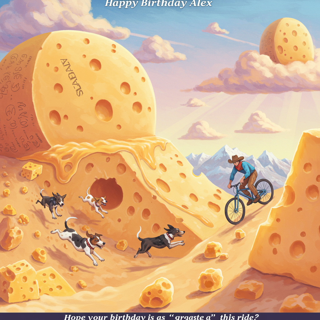 Mountain biking, cheese, dogs, cowboy boots, and Birthday Card