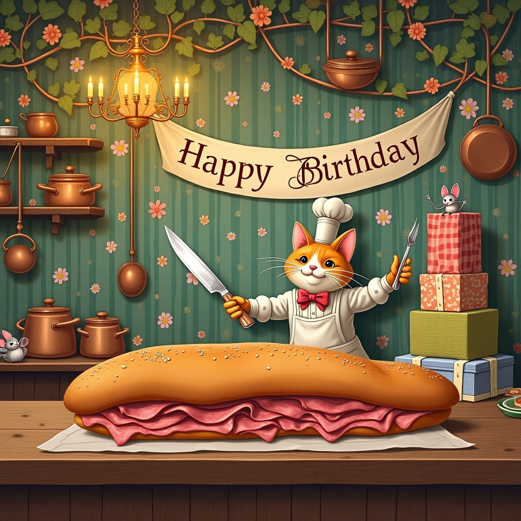 **Front Cover Description:**

Imagine stepping into a whimsical kitchen where the heart of a birthday celebration beats with quirky charm and rustic delight. At the center of this bustling scene is an oversized roast beef baguette, a true masterpiece of culinary excess. The baguette, its crust a rich golden brown, stretches across a long wooden table that occupies the foreground of the illustration. The crust is sprinkled with sesame seeds that catch the light, creating a playful texture, and the edges of the roast beef peek out from the bread, their juicy marbled layers a symphony of pinks and browns.

**Background Elements:**

The background features an old-fashioned kitchen, reminiscent of Beatrix Potter's detailed settings but with a splash of the surreal. The walls are adorned with floral-patterned wallpaper, the flowers swirling in an Art Nouveau style à la Aubrey Beardsley, their stems curling with elegant whimsy.

Hanging from a rustic beam ceiling, a classic wrought iron chandelier holds candles that are whimsically twisted and brightly lit, casting warm, flickering shadows across the scene. A collection of copper pots and pans hang on the wall, their surfaces reflecting glints of light, adding depth and shine.

**Objects and Characters:**

A jovial cat wearing a little chef's hat, inspired by Edward Gorey's animated style, stands proudly beside the baguette. This feline chef holds a large, gleaming silver carving knife and fork with a flourish, ready to slice into the feast.

In the background, a mouse family, depicted in the lively, loose lines of Quentin Blake, scurries around the kitchen. One mouse wears a tiny apron, while another peers over a towering stack of colorful, vintage-style birthday presents wrapped in stripes, polka dots, and floral designs, reminiscent of N.C. Wyeth's storytelling scenes.

Above the tableau, a banner made from an elegant script of leafy vines stretches across, with the words “Happy Birthday” entwined in the foliage, echoing Maxfield Parrish's vibrant palette of deep blues and lush greens.

**Color Palette:**

The color palette is a harmonious blend of warm earth tones and rich, inviting colors. The warm golds and browns of the bread and roast beef are contrasted by the soft blues and greens of the kitchen’s wallpaper. The wrapping paper of the presents adds pops of bright, cheerful colors: reds, yellows, and purples. The overall effect is a detailed, bustling scene that invites the viewer to linger and explore every nook and cranny of this imaginative birthday celebration.
Generated with these themes: Roast beef baguette, and .
Made with ❤️ by AI.