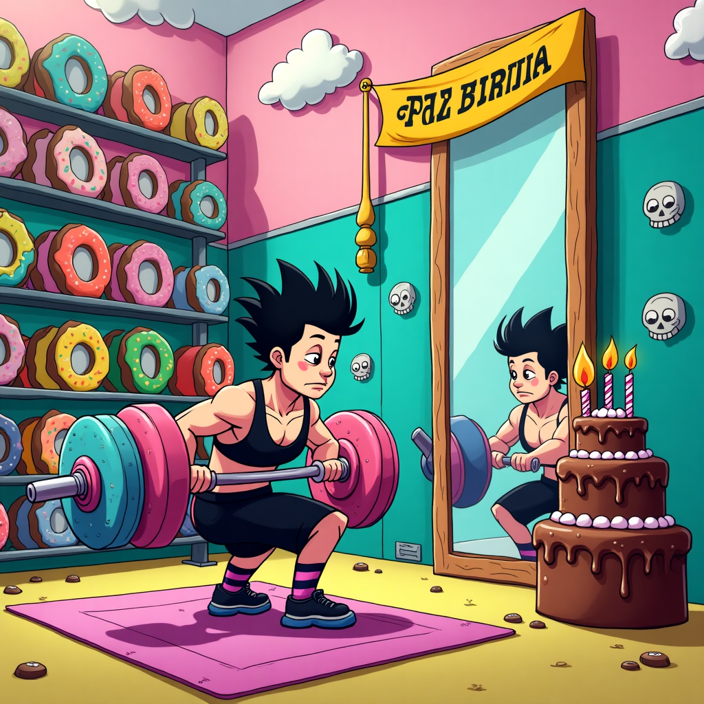 In this vibrant, cartoonish birthday scene, the setting is a fantastical gym environment with a whimsical twist. The background features a giant, colorful weight rack that bends and twists like a funhouse mirror, stacked with exaggeratedly oversized dumbbells in shades of bubblegum pink, electric blue, and neon green. 

To the left, an Emo character with spiky, jet-black hair styled in a gravity-defying quiff, and wearing an all-black outfit with dramatic stripes of deep purple, is intently squatting with a barbell. The barbell’s plates are frosted donuts, glazed in a dazzling array of pastels, with sprinkles cascading like confetti.

On the right, a comically muscled character, reminiscent of Disney's exaggerated proportions, is flexing in a full-length mirror made of melted chocolate. The mirror's edges are dripping, as if the chocolate is perpetually gooey. Nearby, a three-tiered chocolate cake stands on a whimsical, uneven pedestal. The cake is adorned with thick layers of frosting swirls, decorated with squiggly, cartoonish candles that flicker in playful hues of lime and fuchsia.

The ceiling above is a whimsical, pastel-colored sky, dotted with fluffy, cotton candy-like clouds. Across this sky, a small, vibrant banner with the word "Finn" is strung between two clouds, fluttering as if caught in a gentle breeze. The banner is in bold, comic-style letters, colored with alternating stripes of vivid orange and bright turquoise.

In the foreground, a small, animated fitness mat sprawls out, patterned with tiny cartoon skulls, adding a playful Emo touch. The whole scene is framed by towering gym lockers that have eyes peering out from them, lending a touch of surreal humor.

The overall color palette is bright and lively, drawing inspiration from the playful tones used by Charles Schulz and Bill Watterson, combined with the surreal twist reminiscent of Gary Larson’s imaginative scenarios. The exaggerated features and dynamic layout reflect the energetic and humorous style of Osamu Tezuka and Winsor McCay, capturing a unique birthday celebration.
Generated with these themes: Gym, Emo, Squats, and Chocolate cake.
Made with ❤️ by AI.