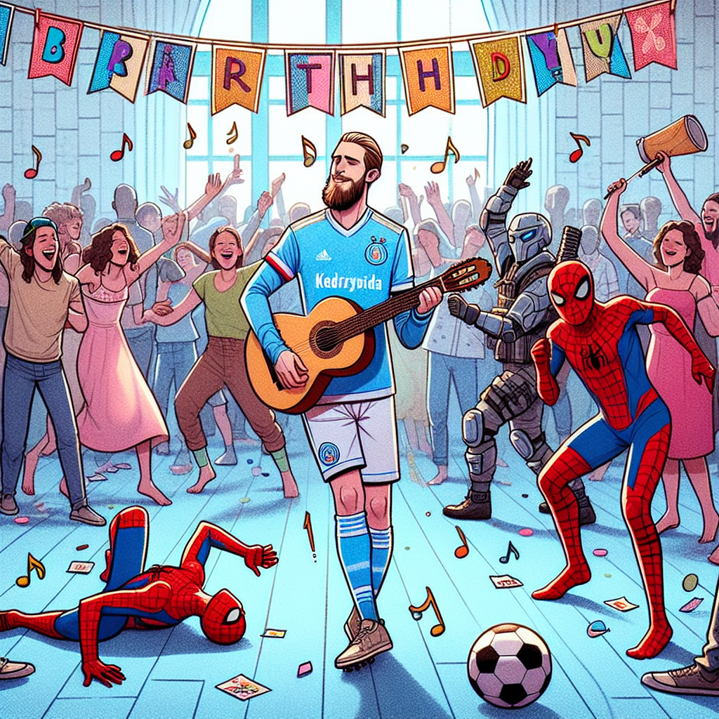 The illustration is filled with the joy of a birthday party, featuring a lively gathering. A character, dressed in a sky-blue football kit reminiscent of a popular soccer club, is holding a guitar and serenading the crowd. A nimble superhero-like figure, dressed in a red and blue costume, performs acrobatics. References to popular video games are evident, with decorations themed after a beloved football game and a popular tactical shooter game. Music is a unifying factor in the scene, with notes scattered among the partygoers, reflecting a cheerful and melodic celebration.
Generated with these themes: Manchester City , Playing guitar, Spider-Man , Fifa, CSGO, and Music.
Made with ❤️ by AI.
