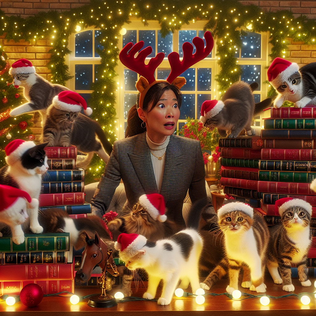 Amidst a wintry scene of twinkling lights, a spirited group of cats and kittens don humorous reindeer antlers, bustling about a cozy living room. They 'assist' a bemused lawyer attempting to decorate a Christmas tree, caught between stacks of law books that serve as unconventional festive stands for horse-shaped ornaments.
Generated with these themes: cats, kittens, horses, books, lawyer.
Made with ❤️ by AI.