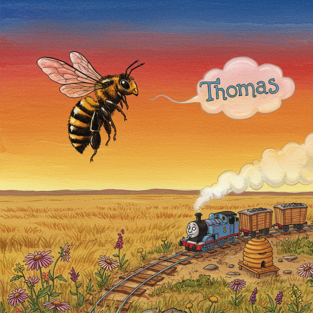 **Front Cover Design: A Quirky and Expressive Sympathy Card**

---

**Background:**  
An expansive African savanna unfolds across the canvas, bathed in the soft, muted earth tones typical of a Maxfield Parrish-inspired sunset. The sky is washed in broad watercolor strokes, transitioning from warm golden oranges to deep crimson reds, and rich cobalt blues, mirroring the colors of the South African flag. The horizon stretches wide and flat, echoing the vastness and tranquility of the landscape.

**Central Element:**  
In the center, a whimsically detailed bee hovers with delicate grace. Its translucent honeycomb wings shimmer softly in the fading light, capturing the intricate pattern of hexagonal cells in subtle tints of amber and gold. The bee itself is rendered with meticulous line work, reminiscent of Beatrix Potter’s attention to natural detail.

**Foreground:**  
To the lower right, a small, hand-drawn Deutsche Bahn train, complete with charmingly quaint carriages, rolls steadily along narrow tracks. The train, illustrated with Quentin Blake-like playfulness, is painted in soft greys and muted reds, suggesting a gentle journey onward. Just beside the train, a wooden beehive stands on a patch of earth, crafted with rustic simplicity and colored in warm browns. Wildflowers, drawn with a touch of Maurice Sendak’s whimsical flair, sprout vibrantly around the hive, their petals painted in a gentle medley of pastel pinks, lavenders, and buttery yellows.

**Text Element:**  
Floating in the sky, formed by a trail of whimsical smoke from the train's chimney, the name "Thomas" appears. The letters are whimsically looped and swirled, echoing Edward Gorey's imaginative typography, and crafted in a gentle shade of soft cloud white, subtly set against the colorful sky.

---

**Overall Composition:**  
The elements are harmoniously arranged, each detail thoughtfully integrated to create a scene that captures the imagination. The minimalist watercolor style is balanced with expressive, detailed line work, offering a touching and unique homage to the themes of sympathy and continuity.
Generated with these themes: Minimalist watercolor illustration for a funeral card. Background: African savanna with sunset in South African flag colors. Central: a symbolic bee with translucent honeycomb wings. Foreground: a small Deutsche Bahn train on rails heading toward the horizon, next to a wooden beehive with wildflowers. Soft, muted earth tones..
Made with ❤️ by AI.