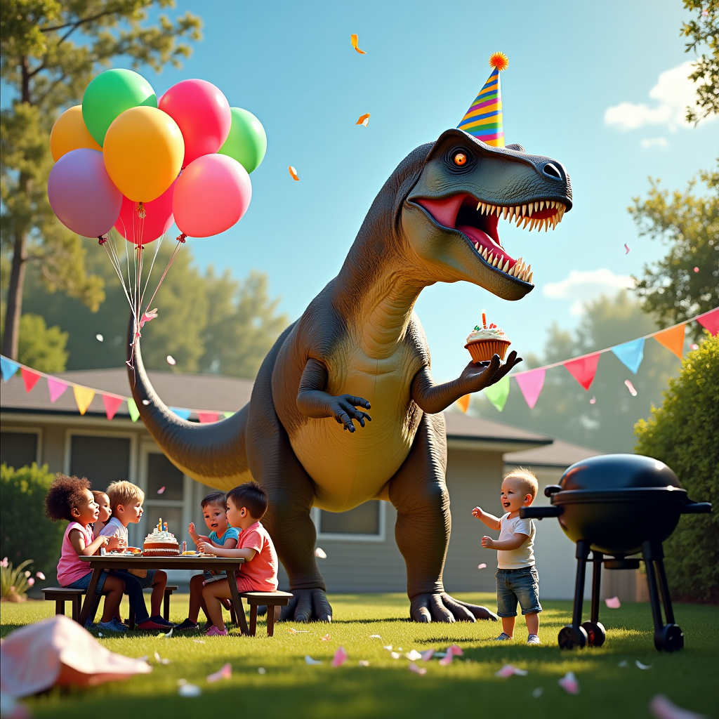 At the top of the realistic photograph image, "Have a DINO-MITE Birthday, Andrew!"

Realistic photograph of a joyful, oversized Tyrannosaurus rex wearing a rainbow party hat, standing in a sunny suburban backyard mid-birthday party. The dino is awkwardly clutching a bunch of brightly colored helium balloons in one tiny claw, while the other holds a birthday cupcake balanced precariously. Around the dinosaur’s feet are confused party guests (real humans, dressed in casual clothes) sitting at a picnic table with cake, staring up at the giant grinning T-rex in disbelief. In the background, party banners wave in the wind and a BBQ grill is mid-flame. A cheerful chaos of celebration, with wrapping paper flying through the air and a toddler gleefully trying to pet the dinosaur’s tail. The entire scene has warm lighting and a sunny blue sky for a surreal yet vivid comedic vibe.
Generated with these themes: Happy dinosauro, with baloons,, and .
Made with ❤️ by AI.