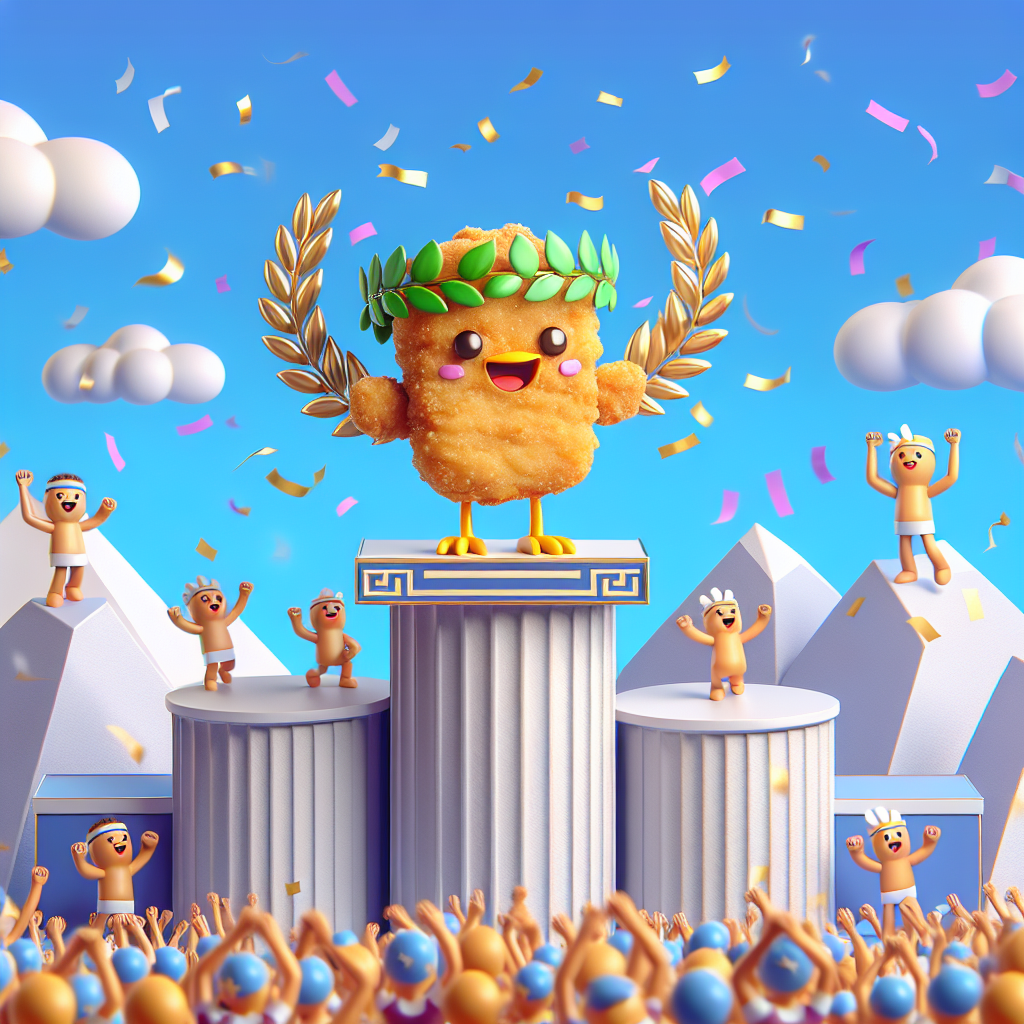 Depict a lively animated illustration with an endearing chicken nugget character adorned with a laurel wreath, standing proudly on a victory podium inspired by Greek architecture. Confetti is swirling around joyously and miniature fan characters of diverse descents and genders, represented as smaller nuggets, are energetically cheering and enthusiastically ascending miniature mountains. This scene beautifully illustrates valorous accomplishments and grand celebration.
Generated with these themes: Chicken nuggets, Climbing, and Greek gods.
Made with ❤️ by AI.